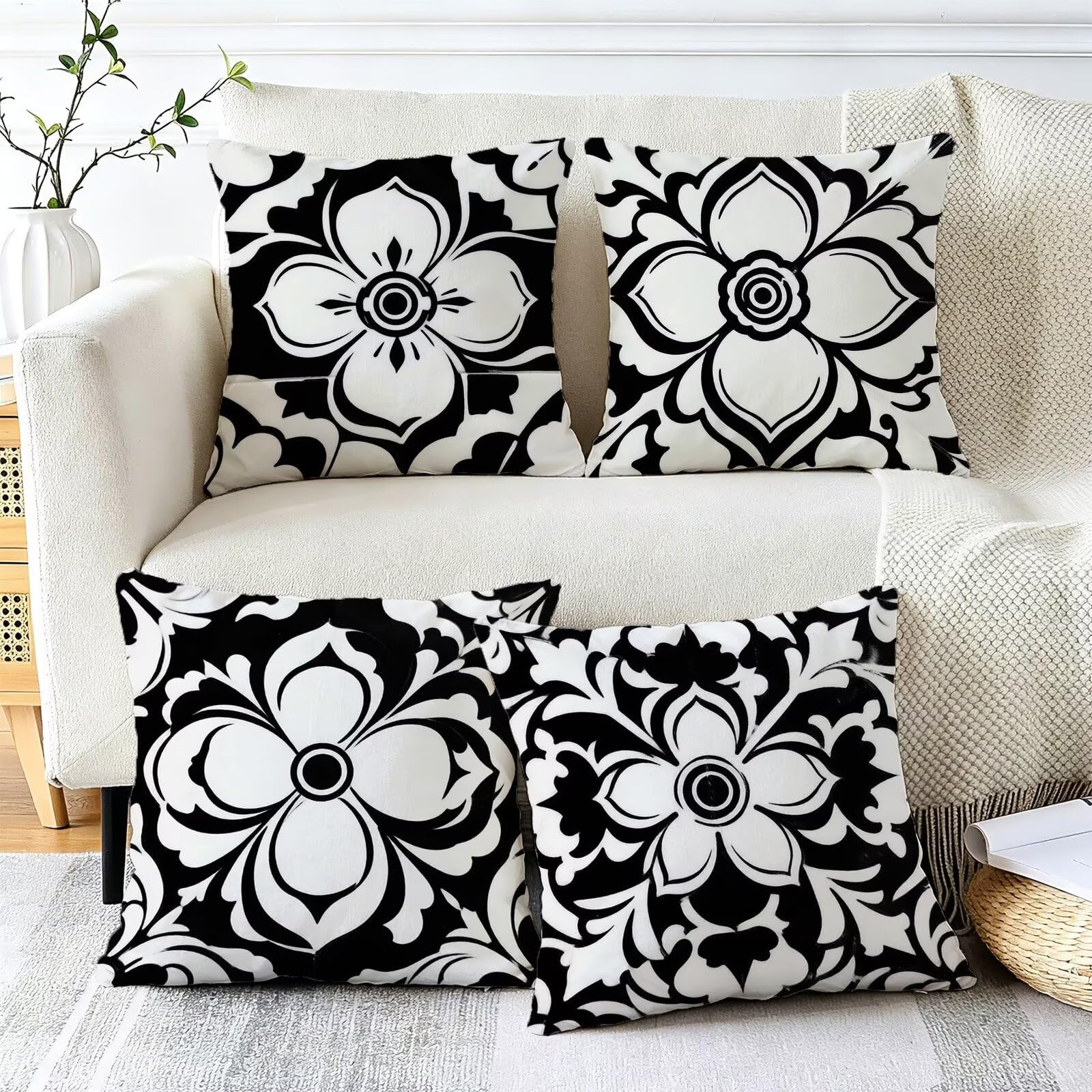 Nero Federe Cuscini Divano 50x50cm, Cuscini da Esterno Set de 4, Cod-87 | Lin Copricuscini Decorativi Letto Arredo, per Letto, Soggiorno, Giardino, Esterno, Casa Decorazione Set di 4 Geometria