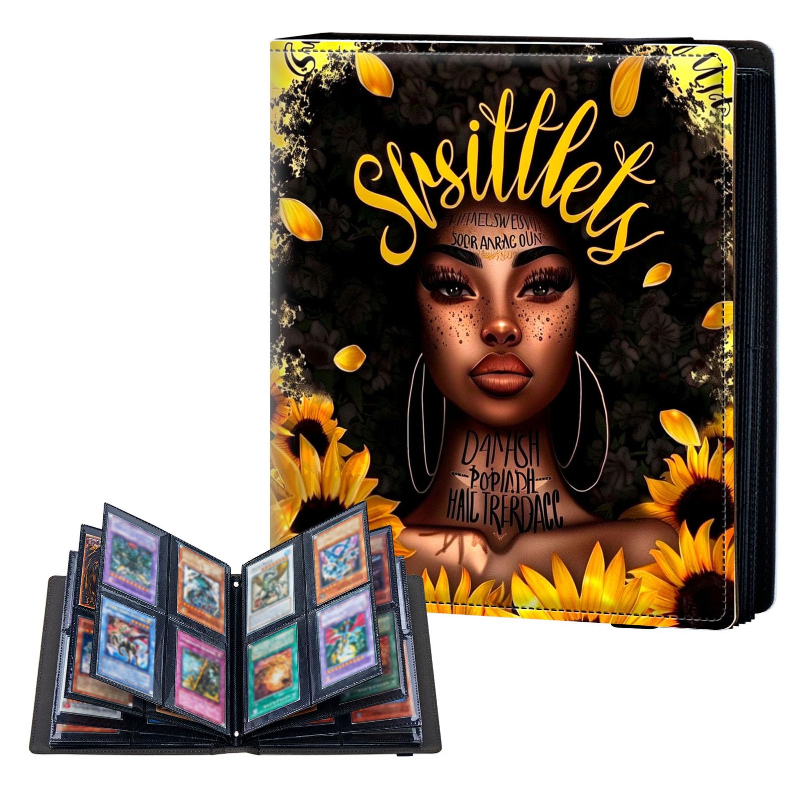 ETLKJVBL 4 Pocket Trading Card Binder, Card Collection Binder for TCG, MTG, Sports Cards, Baseball, Black Girl Sunflowers Trading Card Book Holder for Collectors, Top Loader Binder