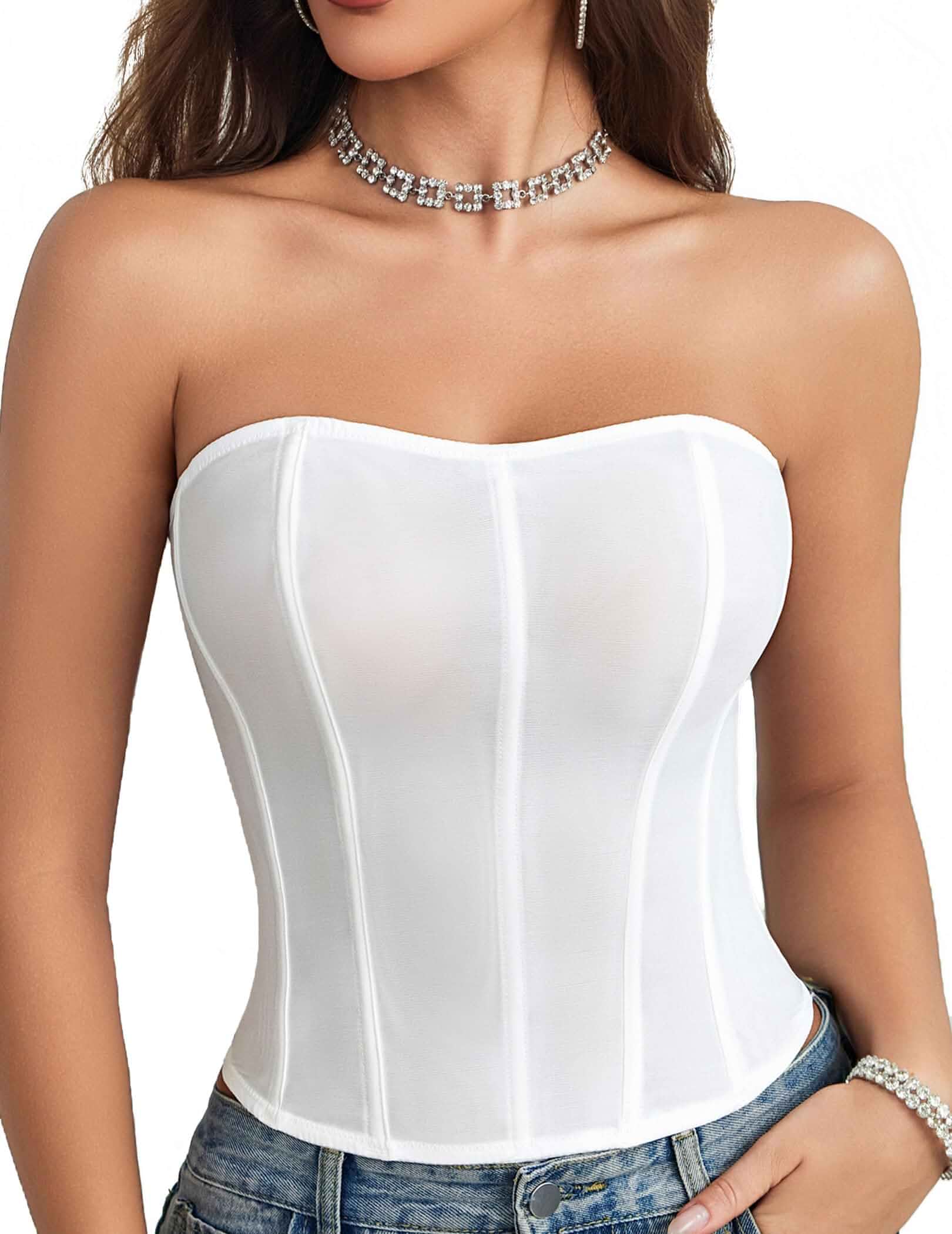 Avidlove Corset Tops for Women Mesh Strapless Bustier Boned Tie Back Top Going Out Party Tops Lingerie