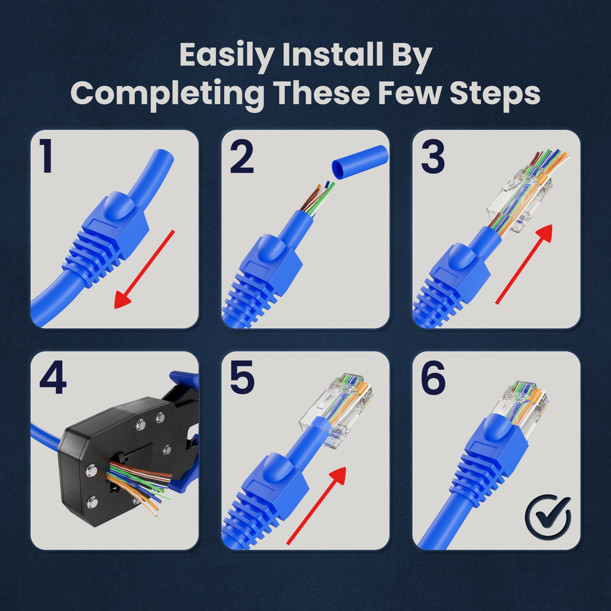 CableGeeker Lot de 100 connecteurs RJ45 pass-Through avec gaine anti-traction bleues, connecteurs RJ45 Cat6 plaqués or, extrémités Cat 6, compatibles avec Cat5/Cat5e, prise réseau modulaire pour câble