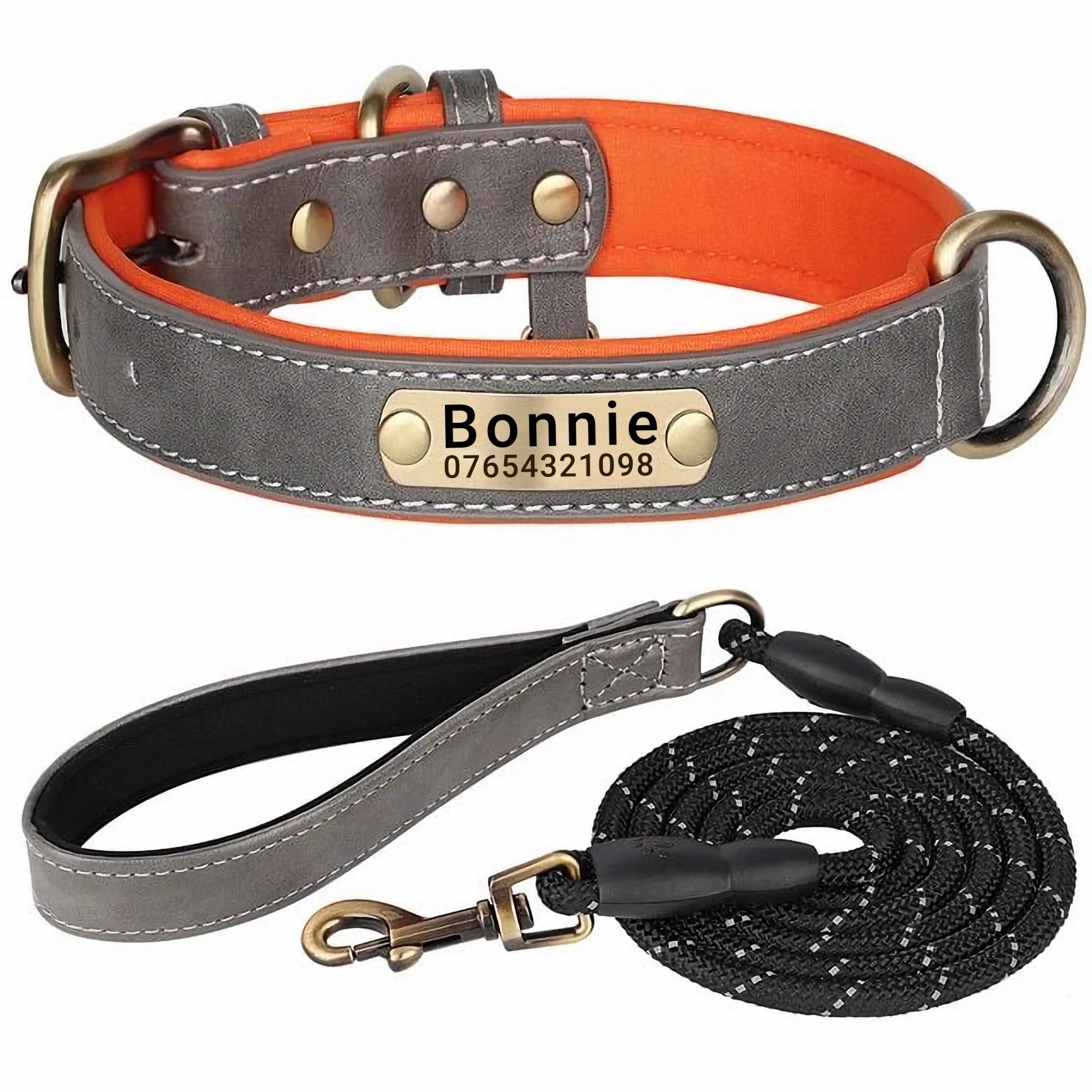 SEOUGEE Genuine Leather Dog Collar Personalised and Leash Set, Soft Padded Leather Dog Collars Heavy Duty with Custom Engraved Name Plate for Small Medium Large Dogs (S, Grey Set 23-32cm) — image 1