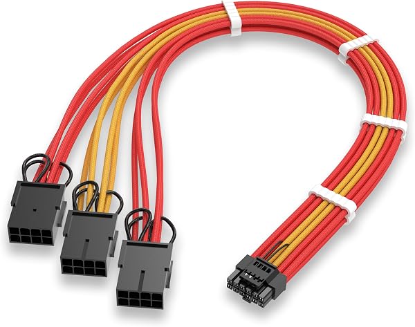 EZDIY-FAB Extension de câble GPU Power Sleeved, connecteur 16pin(12+4) PCIe 5.0 mâle à 3X PCIe 8 broches pour RTX4070Ti Super, 4080 Super, 4090, avec peignes de câble pré-installés -16AWG/ rouge jaune - 1