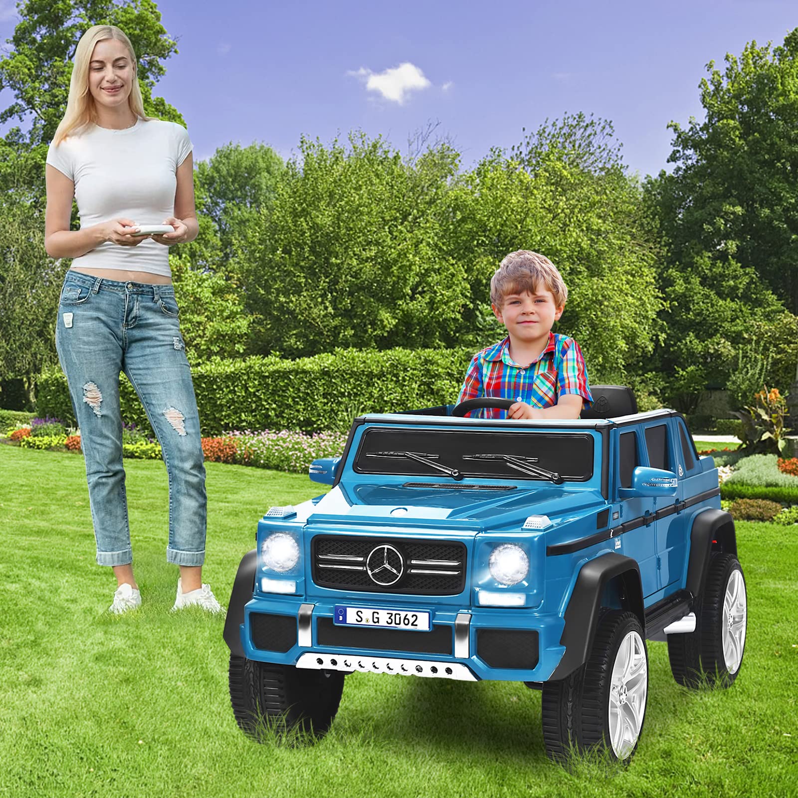 GOPLUS Voiture Electrique Enfants 2 Place 12V avec Télécommande 2,4G, Mercedes G650, 2 Vitesses et Démarrage Frein,Porte et Phare, Musique avec USB pour Enfants 30KG 3-10 Ans