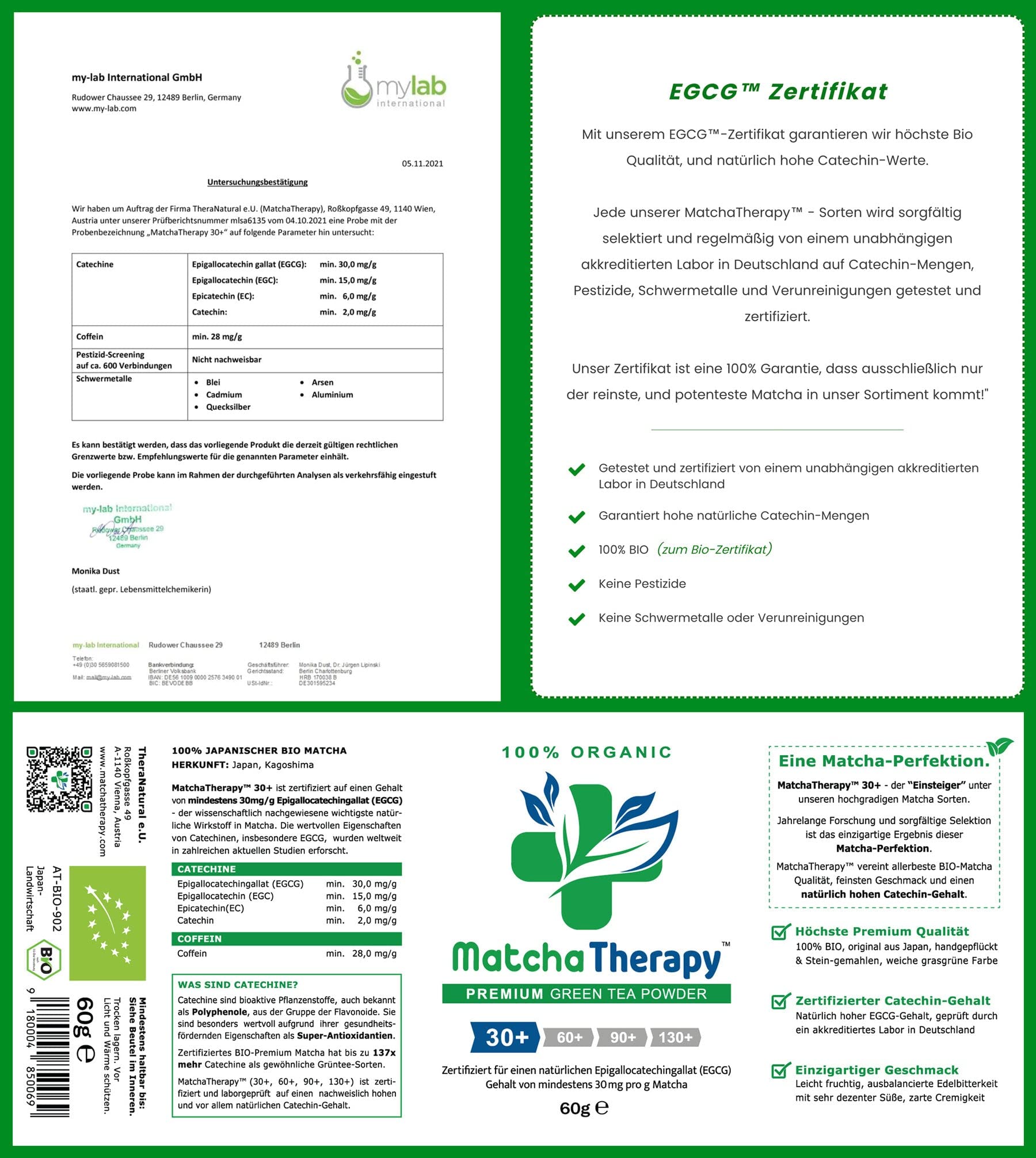 MatchaTherapy 30+ zestaw, Bio Matcha w proszku do herbaty 60 g + mikser + łyżka pomiarowa, zawartość katechiny EGCG, przetestowana co najmniej 30 mg/g, jakość premium, zielona herbata z Japonii