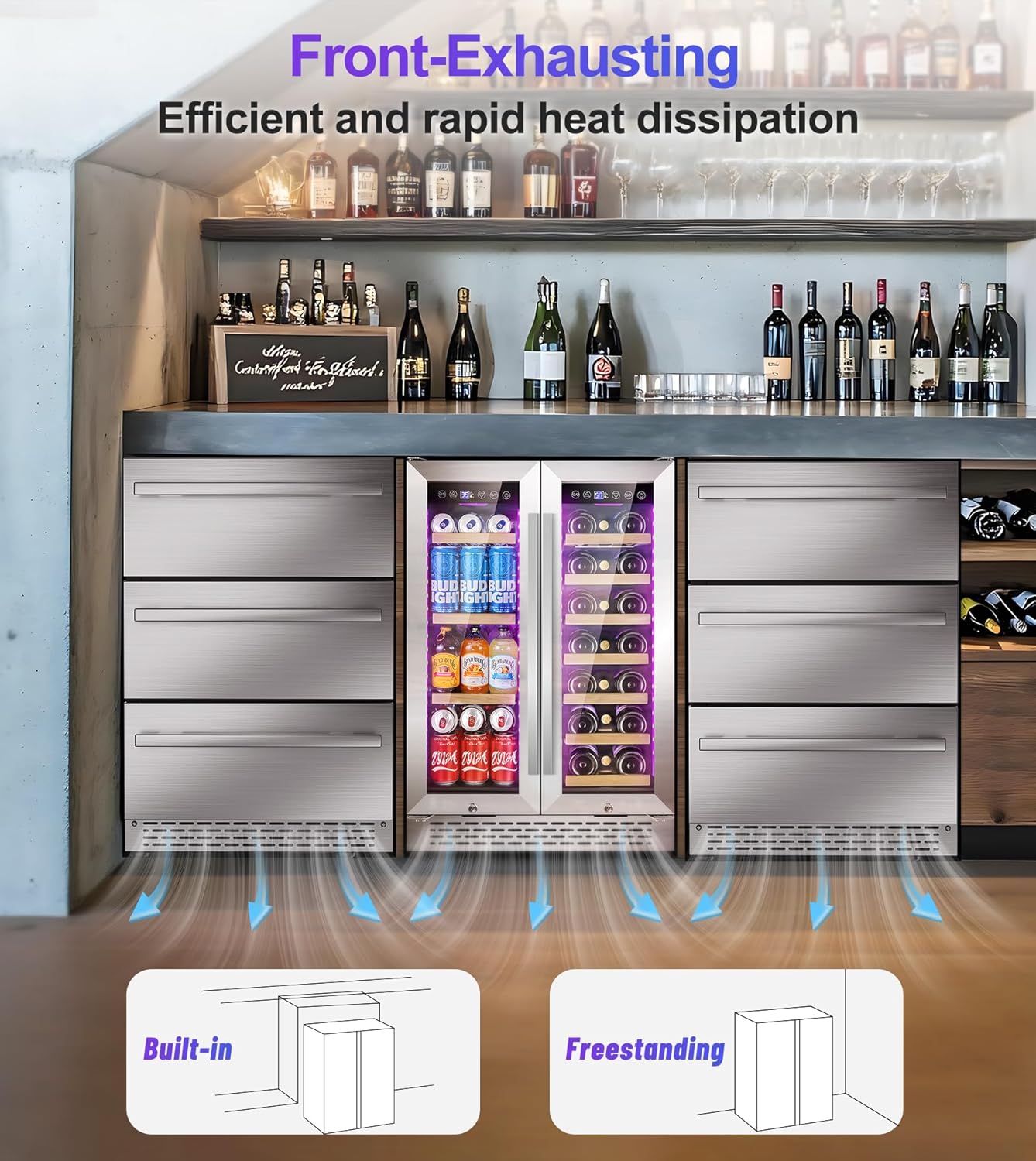 Wine and Beverage Refrigerator 24", Dual Zone Wine Fridge with Glass Door, Drink Cooler Under Counter Freestanding, 3 LED Light, Holds 88 Cans and 21 Bottles, for Beer Soda Home Kitchen（Stainless）