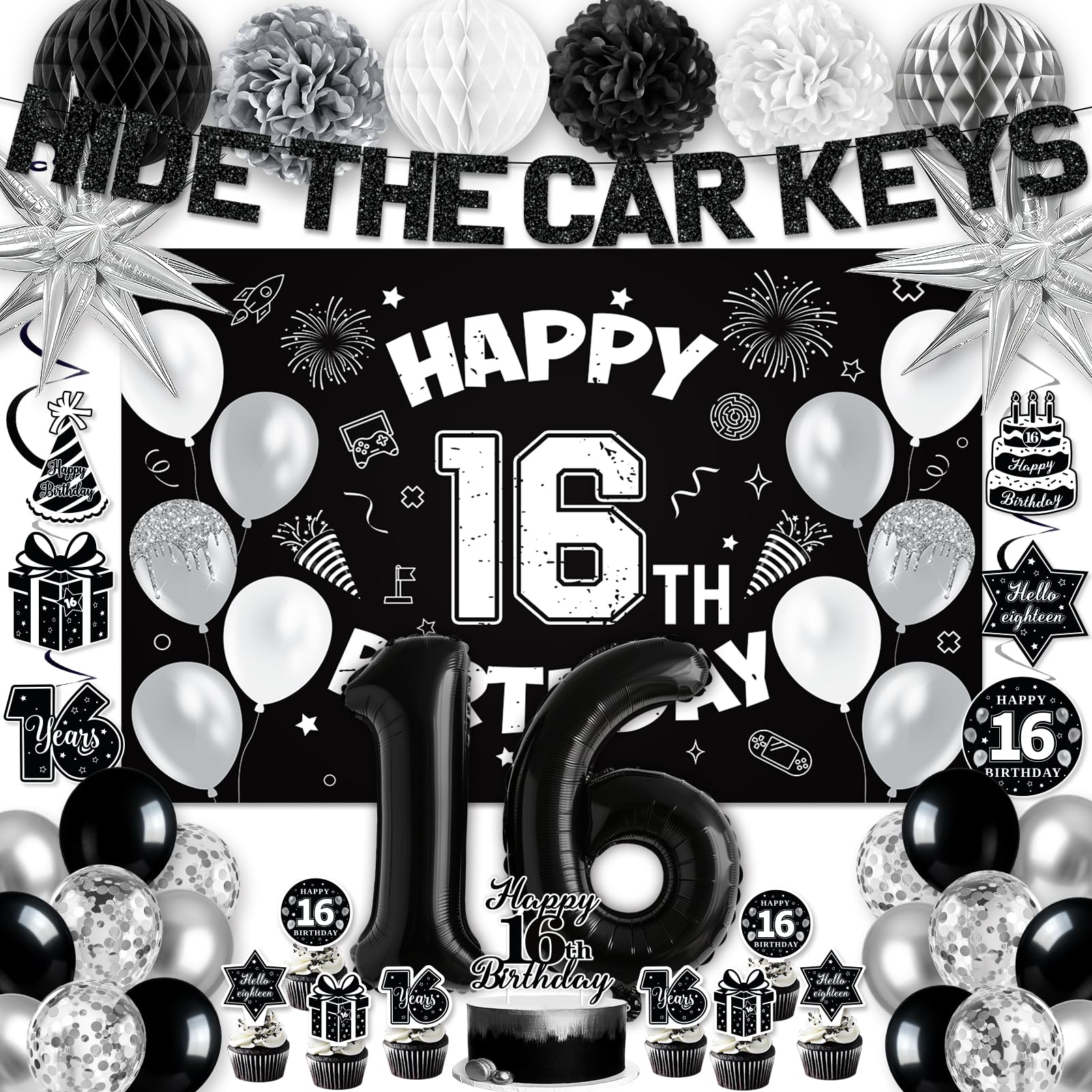 Photo 1 of 16th Birthday Party Decorations for Boys, Black White 16th Party Supplies with Hide The Car Keys Banner Black 16th Number Balloons Happy 16th Birthday Banner Cake Topper for Boys Girl Birthday Decor