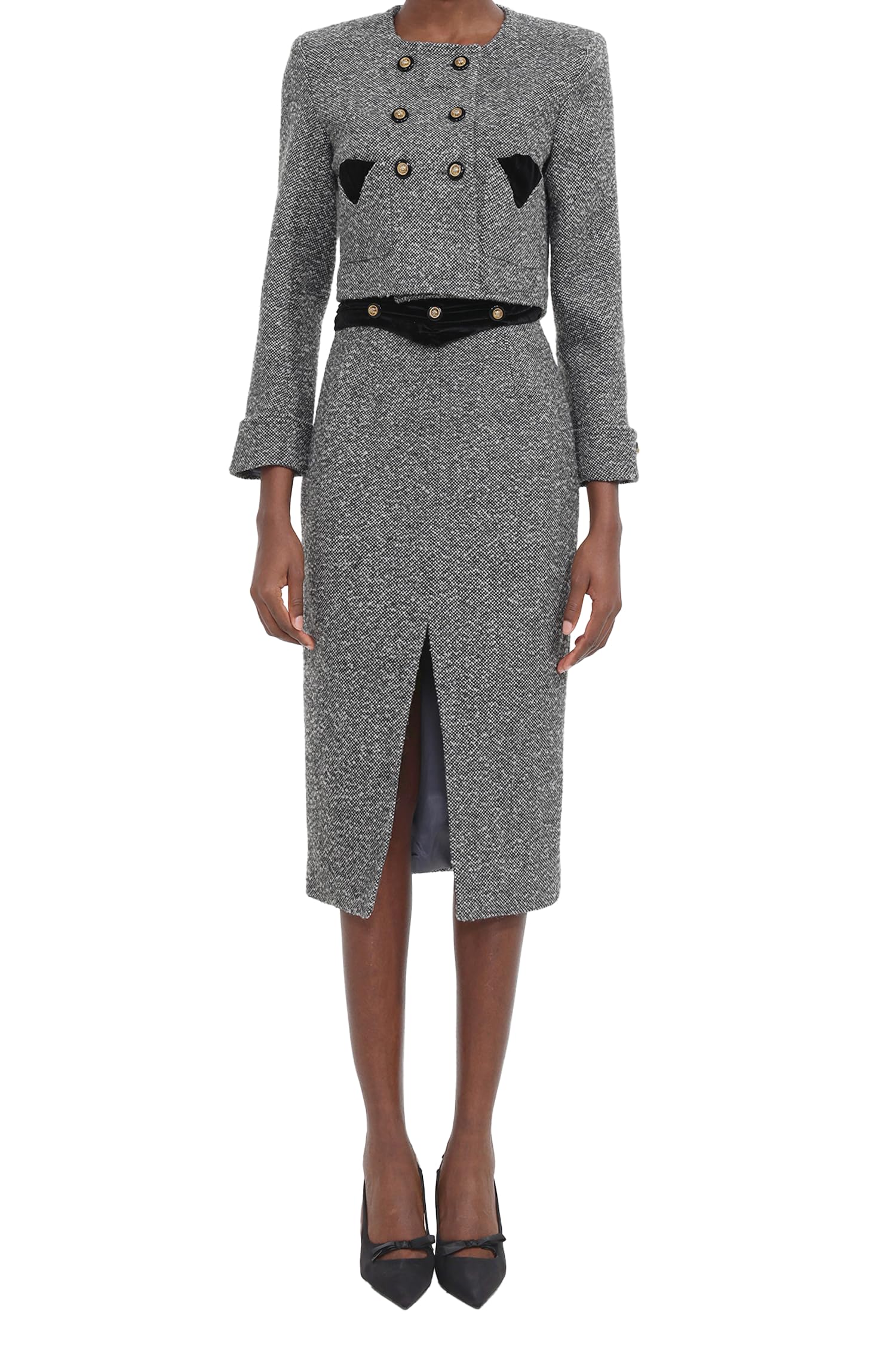 Gray Belted Slim Waist Classic Formal Women Pencil Skirt Slit Knit Trendy Elegant Modern Midi Tweed Skirt