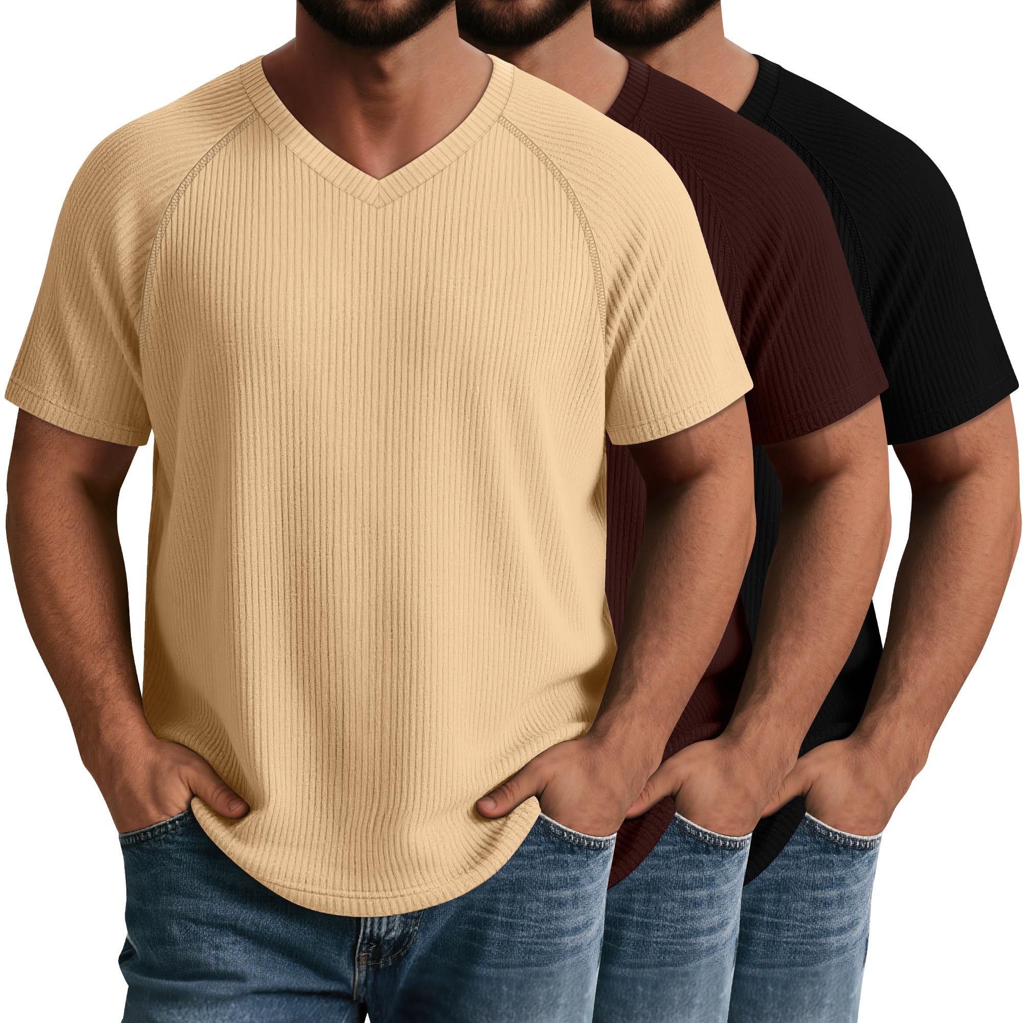 Riyiper 3 Pack Men's Big and Tall T-Shirts V Neck Ribbed Raglan Short Sleeve Tees Plus Size Loose Fit Casual Basic Tops