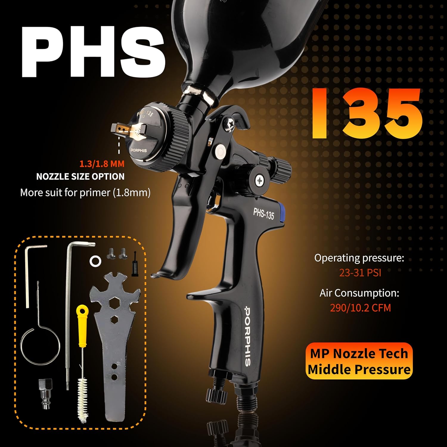 Automotive Refinishing Spray Gun PHS-135 Middle Pressure 1.8mm Nozzle Paint Spray Gun, Black
