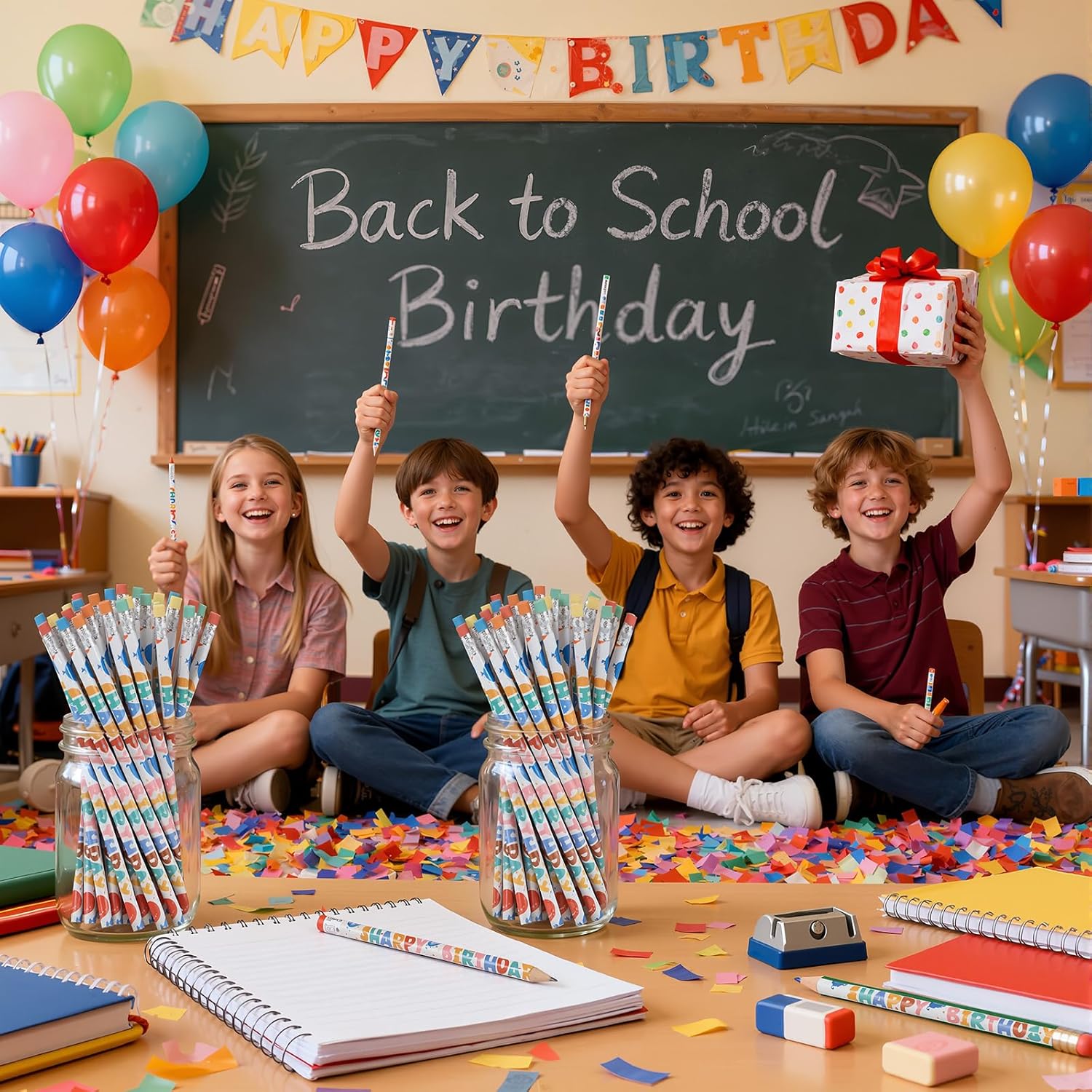 Kosiz 200 Pcs Happy Birthday Pencils Bulk for Students Classroom Back School Birthday Gifts Colorful Printed with Top Erasers Suitable for Teachers Class Reward Kids Party Supplies