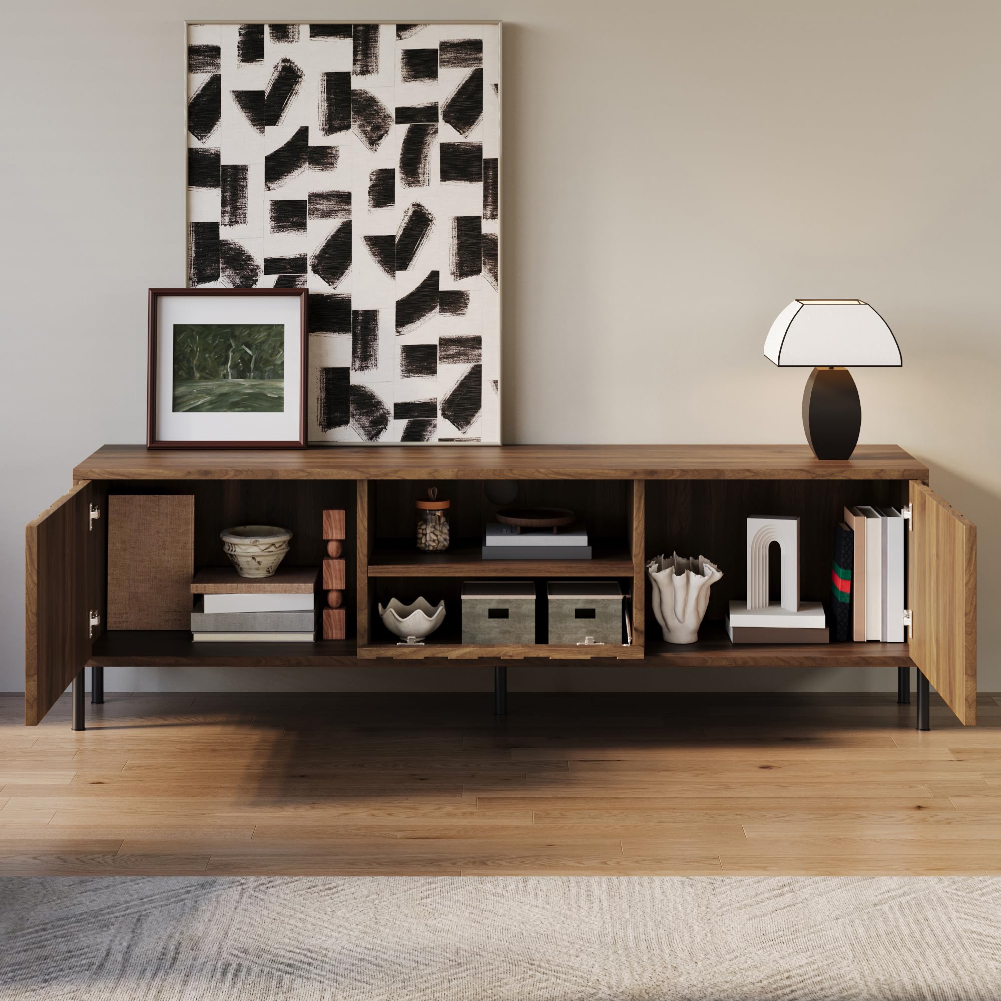Mueble de TV de 160 cm con 3 puertas y espacio de almacenamiento, con gestión de cables, en madera natural