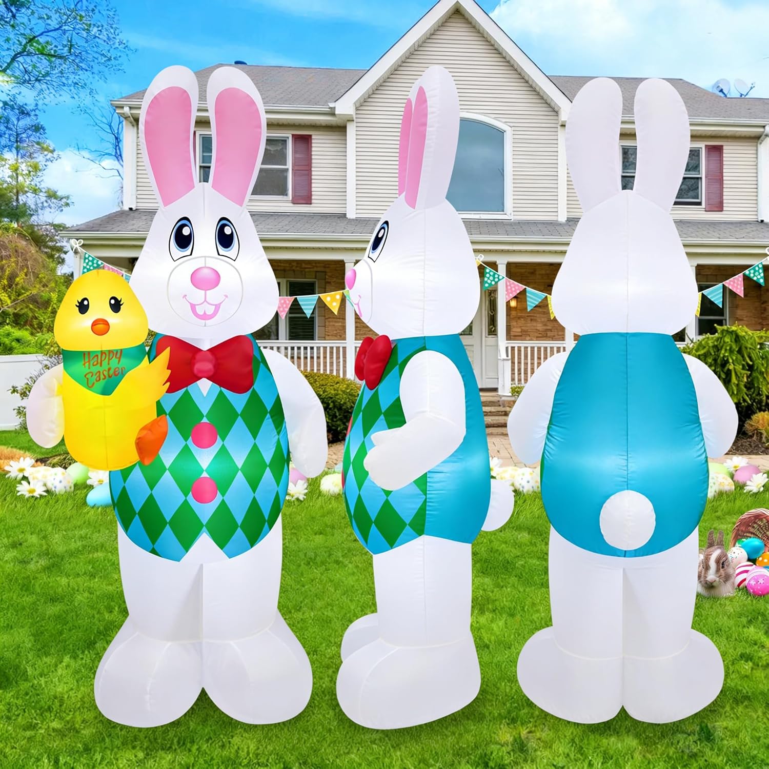 Danxilu 5 Foot Easter Inflatables Outdoor Decorations, Cute Blow Up Bunny Holding Chick for Outside, Built in LEDs Spring Holiday Inflatable Yard Decoration for Party Indoor Garden Lawn