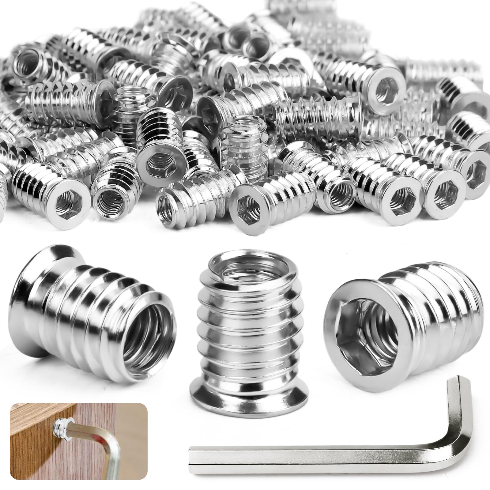 SWTYExt M6x10 mm Einschraubmutter 30 Stück Gewindeeinsatz Holz M6 Einschraubmuttern Hex Innensechskant Gewindehülsen Verzinktem für Stahl Kiefer Sperrholz Verbundplatten