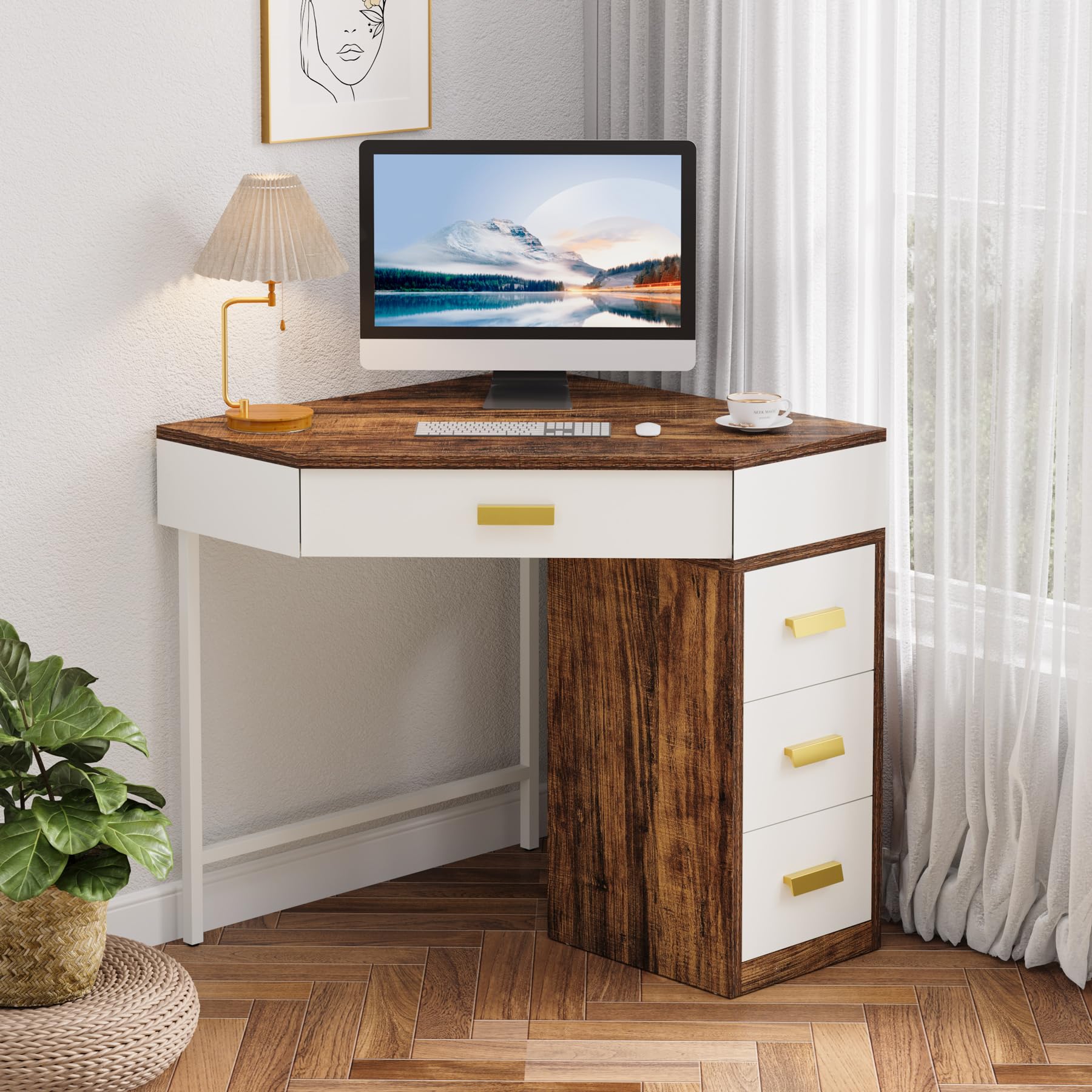 Tribesigns Scrivania Angolare con 4 Cassetti, Scrivania per Computer Salvaspazio a 90°, Scrivania Ufficio con Contenitore, Tavolo PC per Studio, Camera da Letto, Soggiorno, Marrone/Bianco