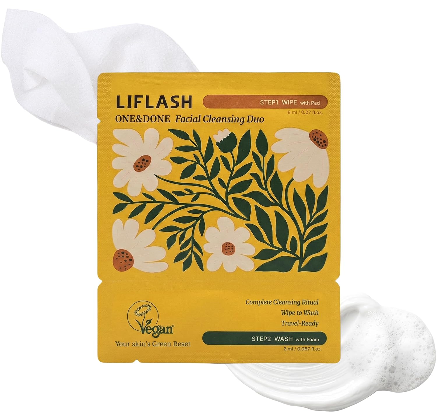 Travel Size Face Wash Packets, 2-Step Single Use Cleanser (Micellar Pad + Foam), LIFLASH Facial Cleansing Duo, Makeup Remover, TSA-Friendly Double Cleanse, Individually Wrapped, Vegan K-Beauty, 10Ct