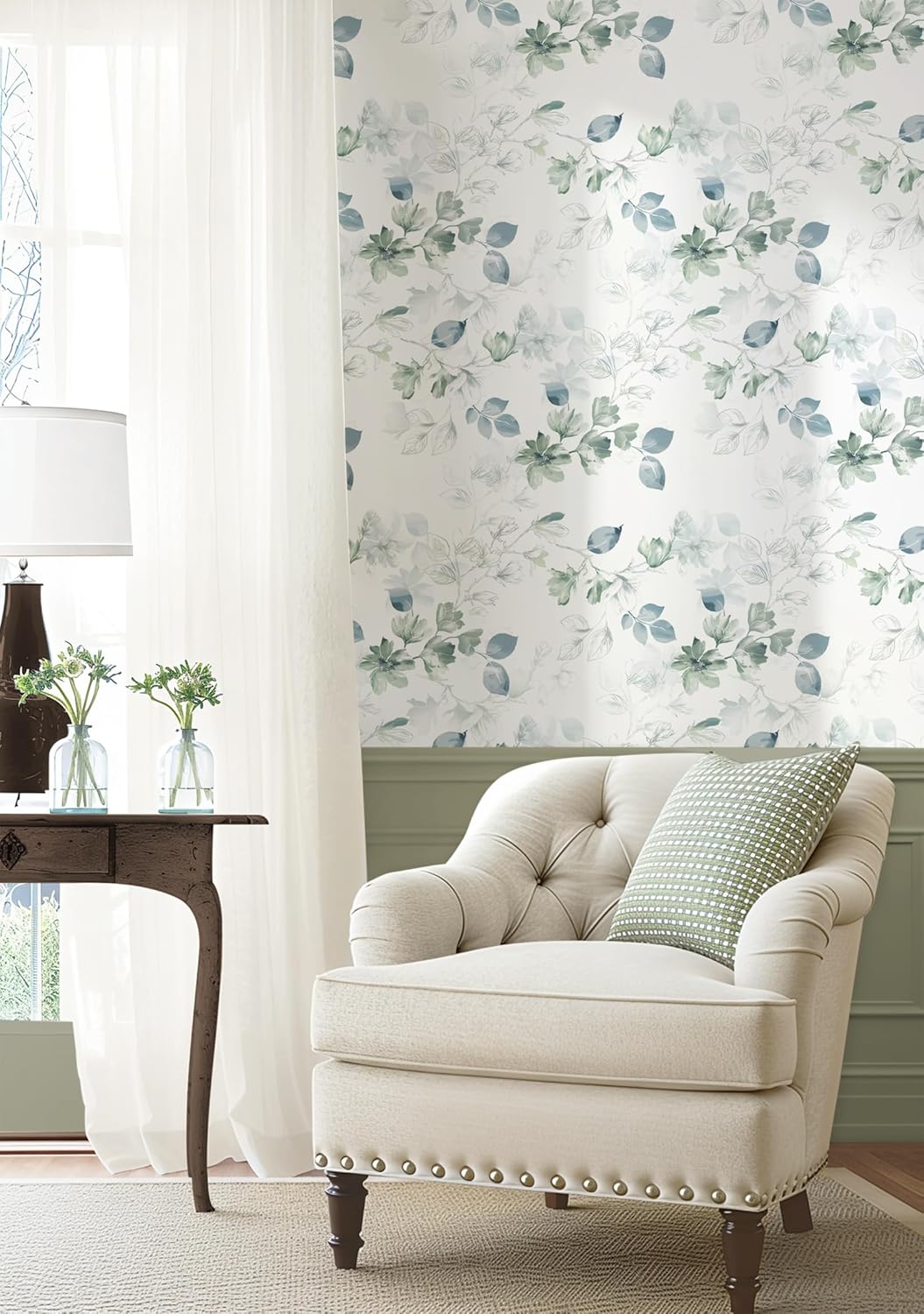 Safiyya Peel and Stick Wallpaper Floral Green and White Leaf Contact Paper for Cabinets 17.3"x 393" Self Adhesive Removable Wallpaper for Bathroom Renter Friendly Wall Paper Vinyl Roll