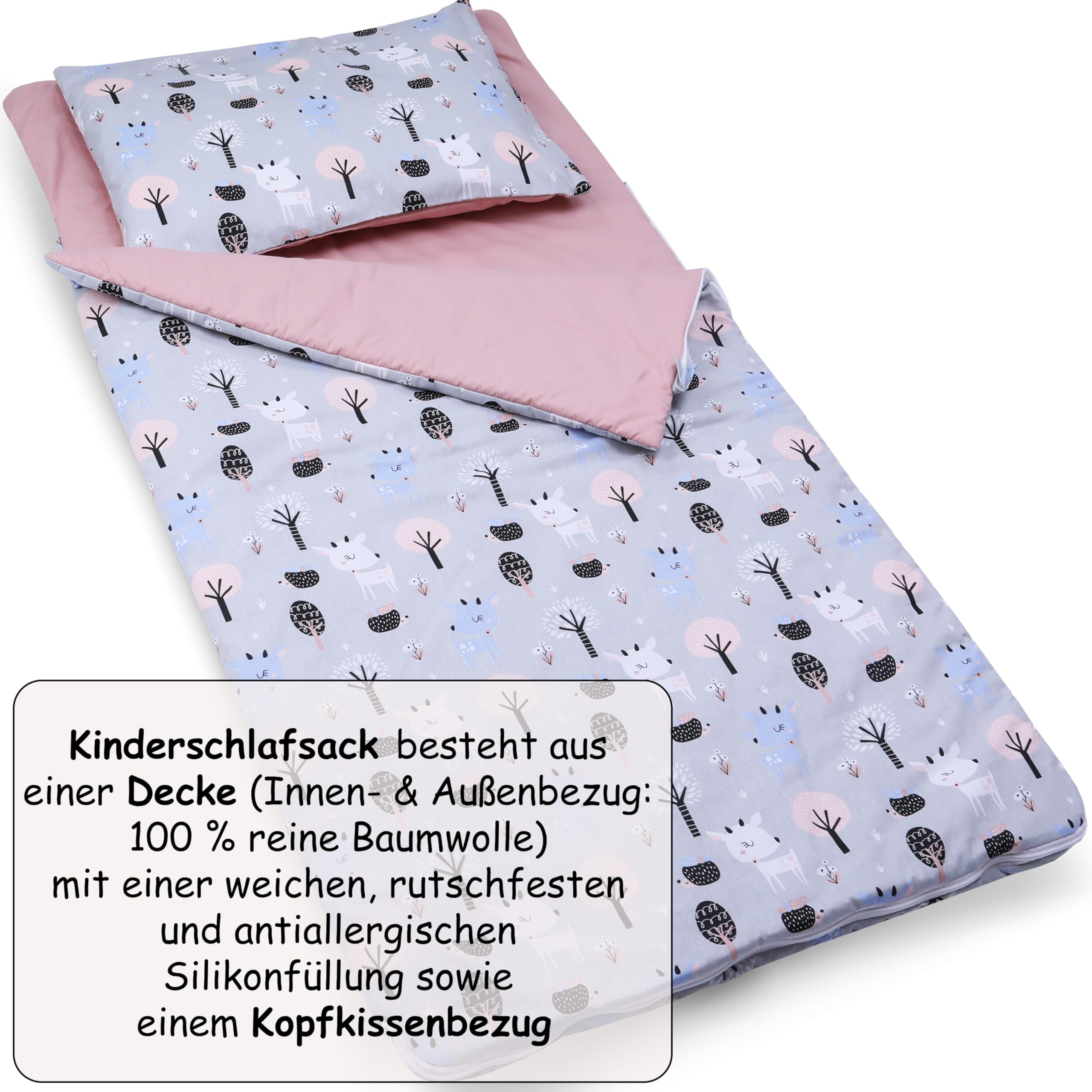 PinkZebra Schlafsack Kinder 140x75 cm mit Kissenbezug 60x40 cm & Beutel, Öko-Tex, Bambi