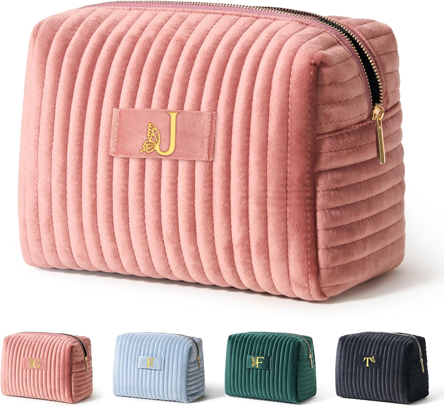 COSHAYSOO Travel Makeup Bag Quilted Make Up Pouch Initial Cosmetic Case with Butterfly Decorations for Women Compact Mirror Traveling Size Beauty Tools Accessories Organizer Pink Velvet Letter J COSHAYSOO Travel Makeup Bag Quilted Make Up Pouch Initial Cosmetic Case with Butterfly Decorations for Women Compact Mirror Traveling Size Beauty Tools Accessories Organizer Pink Velvet Letter J