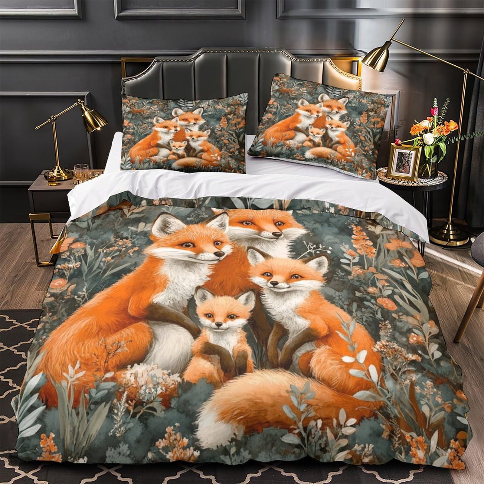 Housse de Couette 3D Anti-Décoloration Famille Fox Microfibre Hypoallergénique