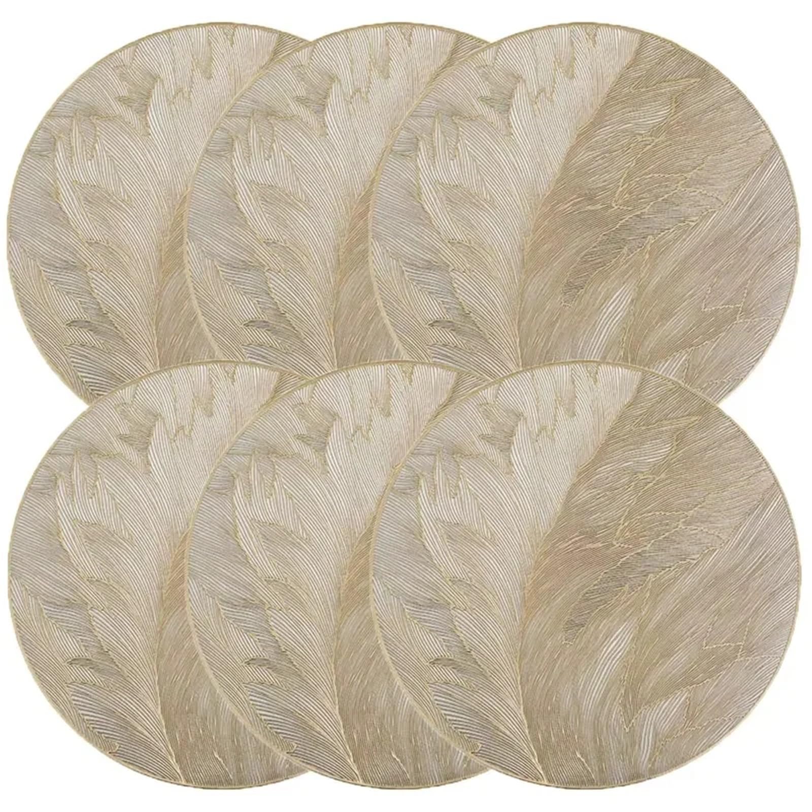 Manteles Individuales Redondos, manteles de Mesa Dorados Lavables prensados ​​con Plumas, Lugar Hoja Comedor for decoración for Fiesta Boda y Vacaciones(6PCS)