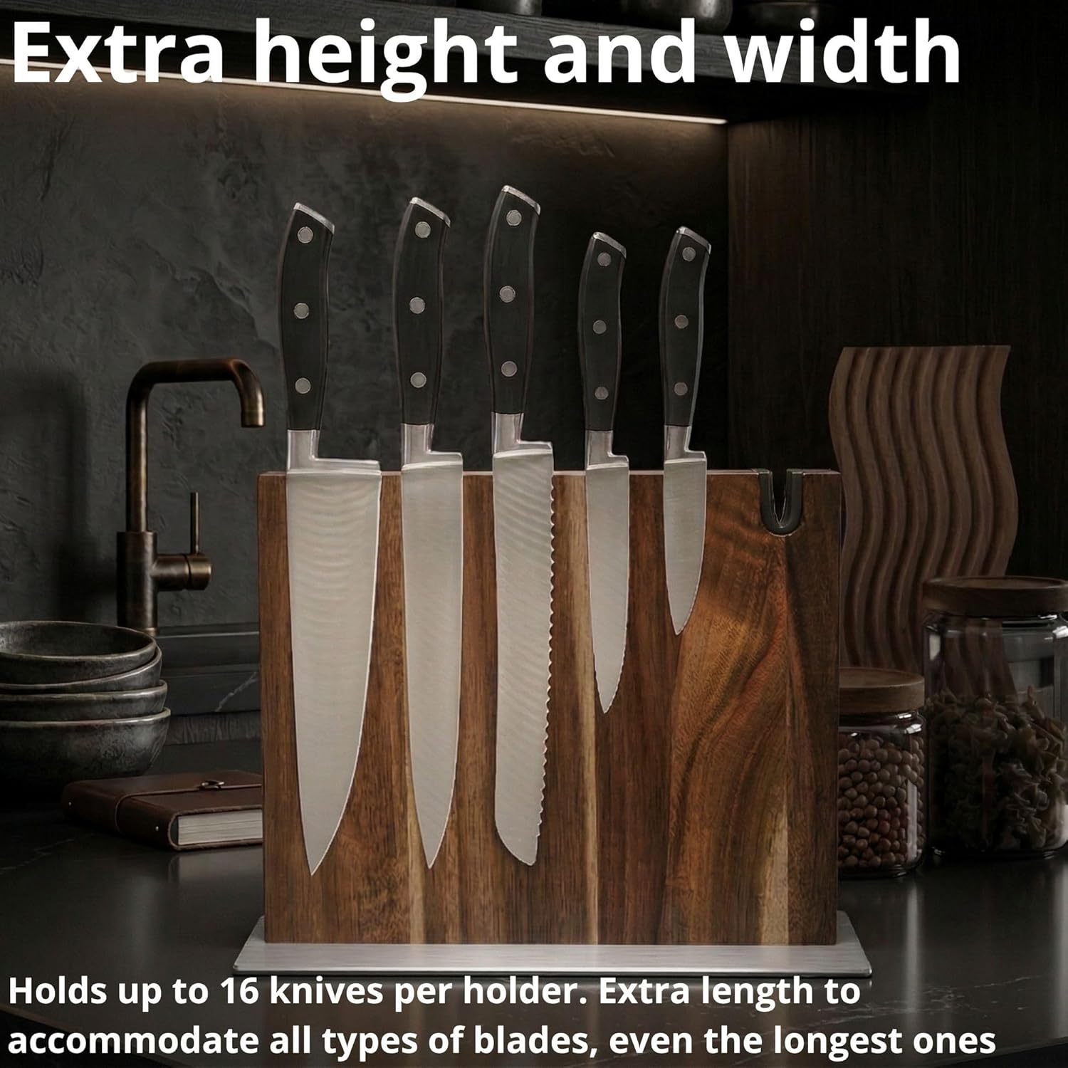 Magnetic Knife Block Stand XL with Built-in Knife Sharpener Wooden Magnetic Knife Holder for kitchen knife storage elegant and sturdy Countertop knife stand Knife magnet in Acacia wood