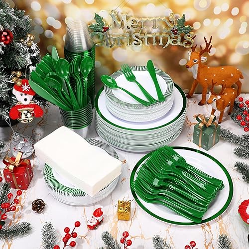 Miniatura 5 de Yaomiao Juego de 350 platos desechables de Navidad con adornos para fiestas de Navidad, vajilla de plástico 90Z, cuchillos, tenedor, cuchara,