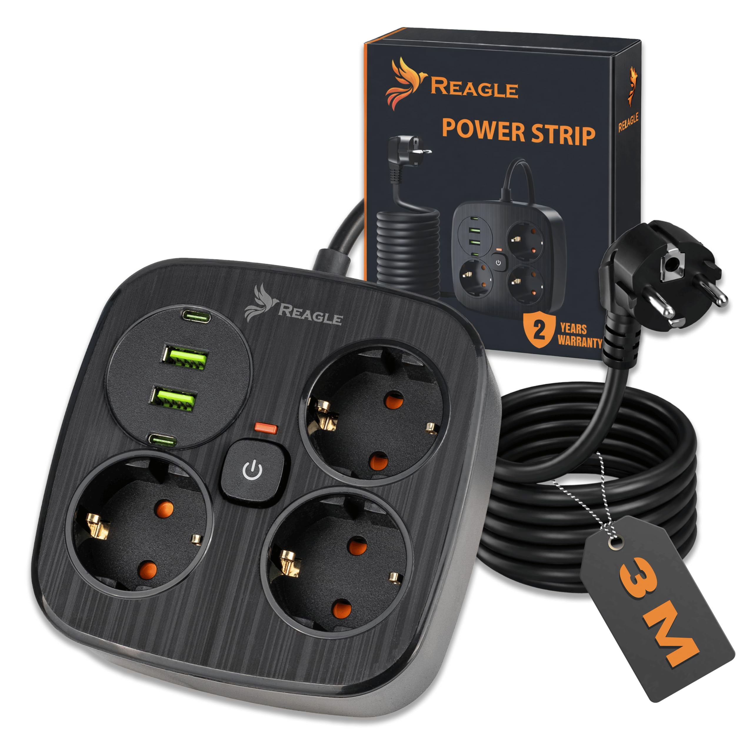 Reagle Listwa Zasilająca z 4 portami USB 2x USB 2x USB-C, Antyprzepięciowa, 3 Gniazda 230V, Przedłużacz Rozdzielacz z przełącznikiem do Oszczędzania Energii do domowego biura Kabel 3M