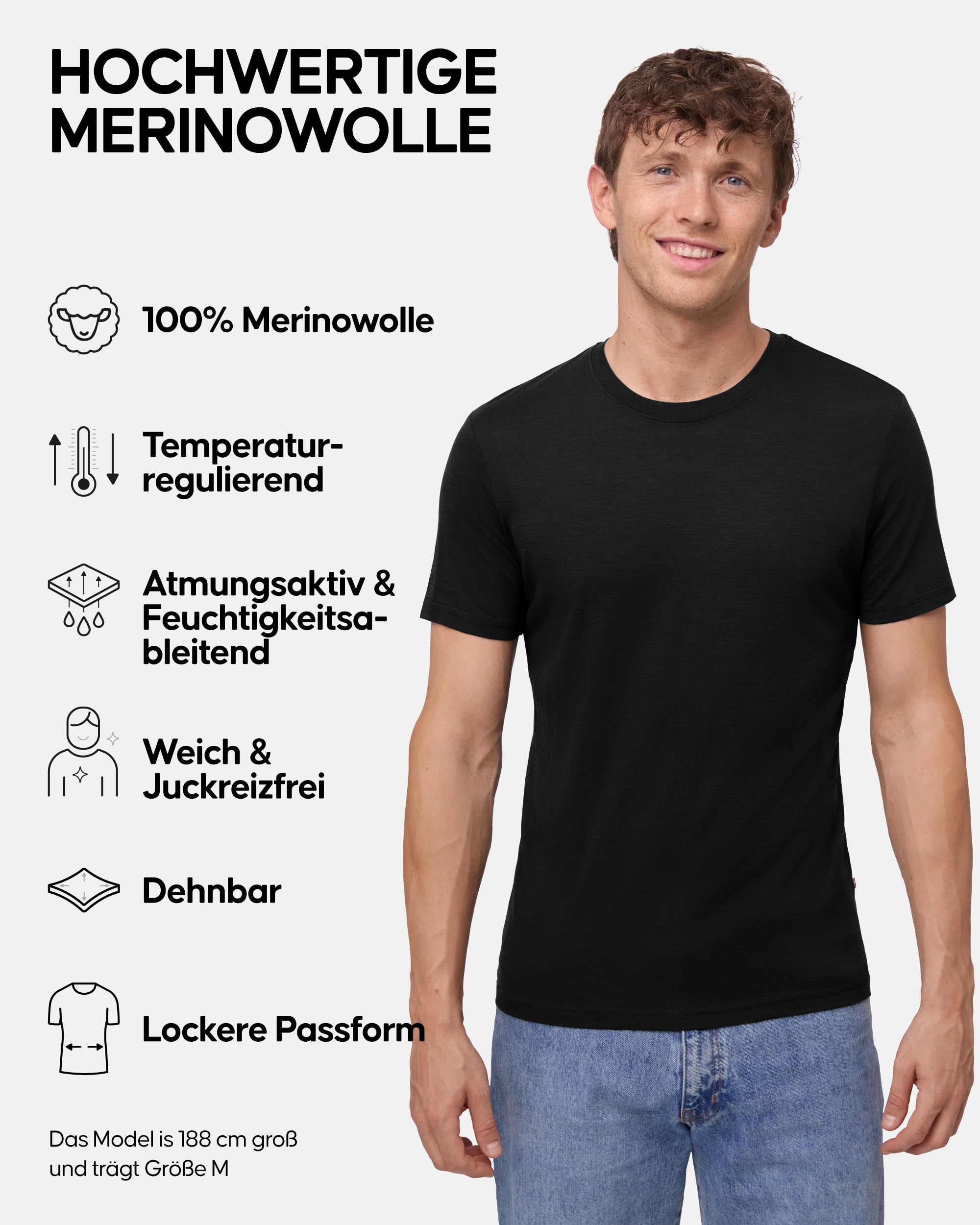 DANISH ENDURANCE 100% Merino Shirt Herren, Atmungsaktives Unterhemd, Leichtes Kurzarm Tshirt, Temperaturregulierend & Geruchshemmend, 1er oder 2er Pack