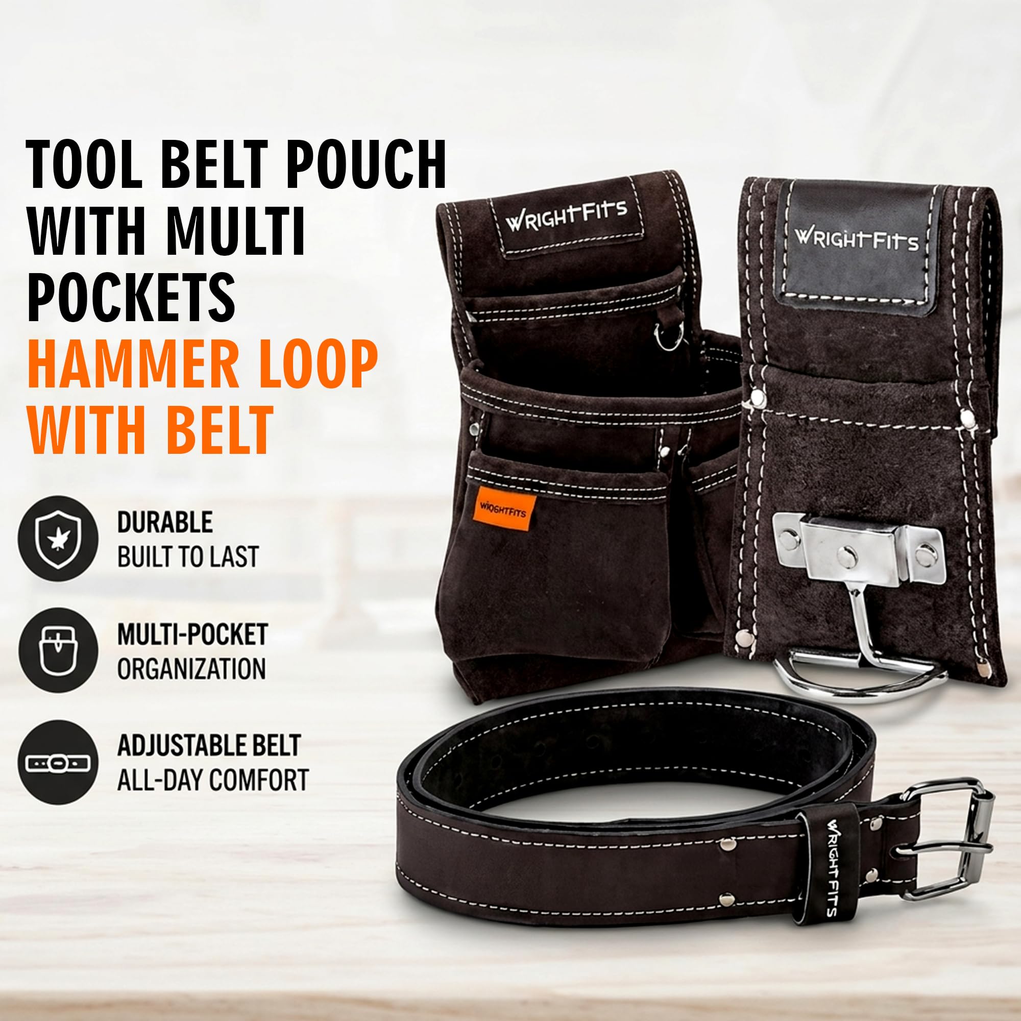 WrightFits Custodia per cintura in pelle con tasche multiple, organizer per attrezzi da lavoro con cintura | vita regolabile per falegnami, giardinieri, costruttori, elettricisti