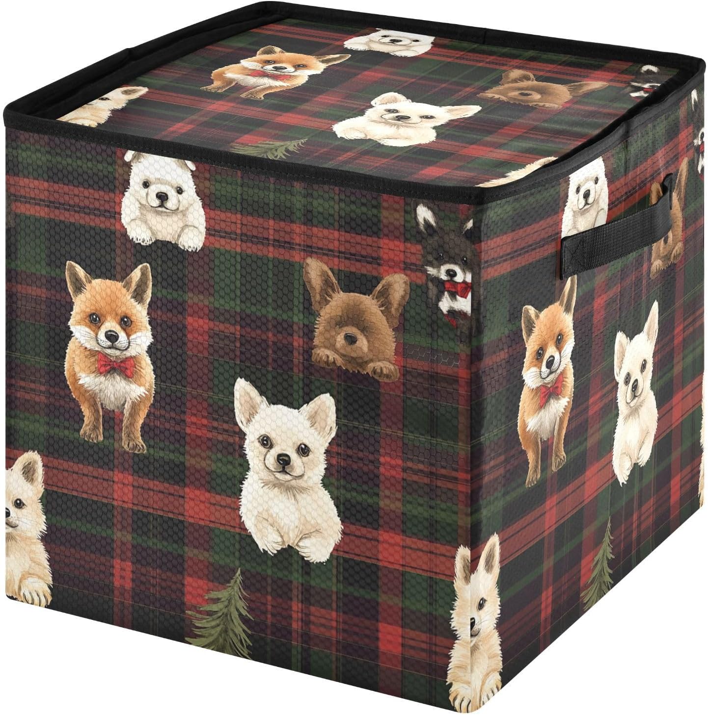 High Capacity Christmas ornament storage Holds Up to 64, Adjustable Dividers foldable Holiday Storage Case with Lid,Christmas Tyle Plaids Cute Dogs