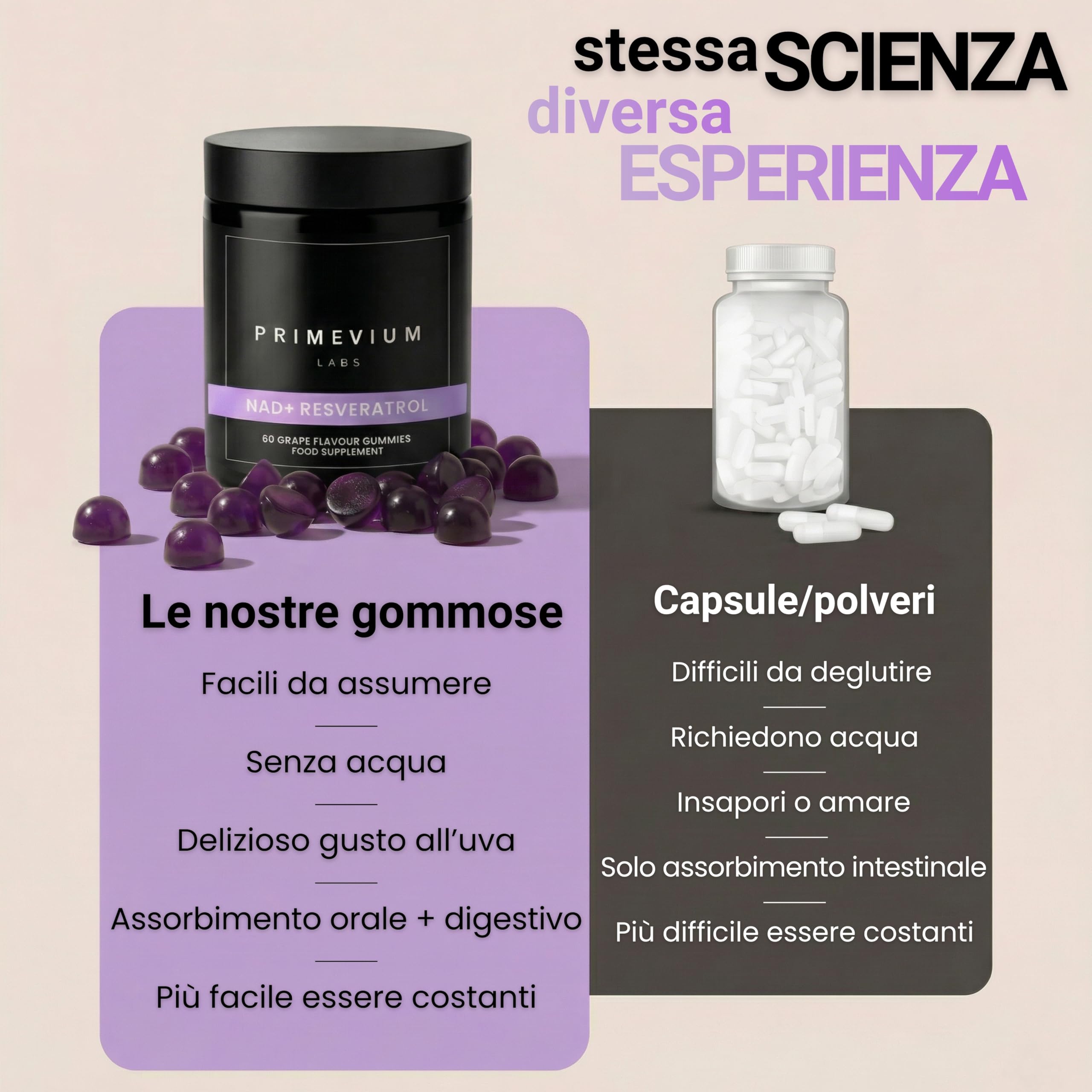 NAD+ con Resveratrolo e Quercetina - 60 Gummies Vegane Senza Zucchero - 850 mg per dose - Formula ad Alta Potenza - Integratore per Energia, Vitalità e Longevità - Primevium Labs