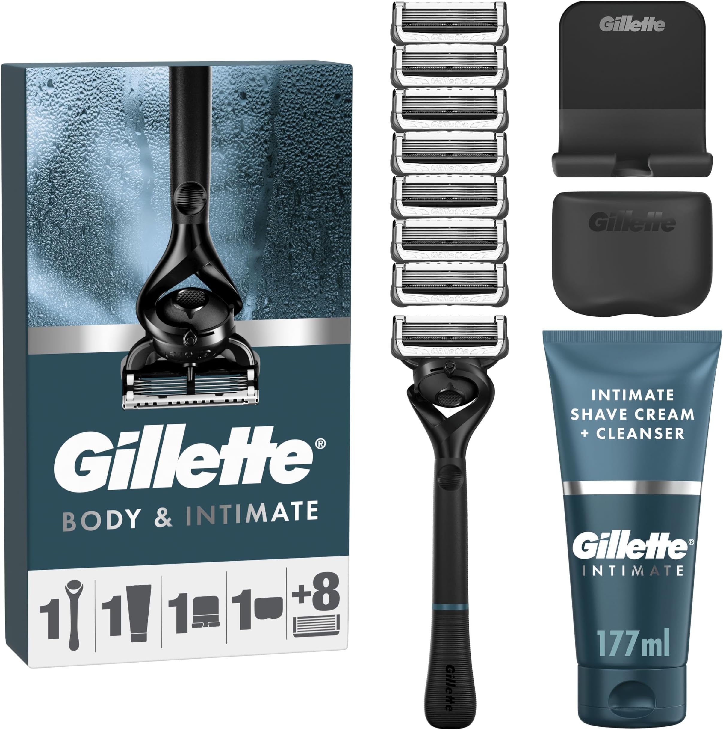 Body & Intimate Men’s Razor Set – Pubic Hair & Ball Shaver, 8 Razor Blade Refills + 2in1 Shave Cream & Cleanser, Below-the-Waist Grooming, Includes Shower Hook & Travel Cover