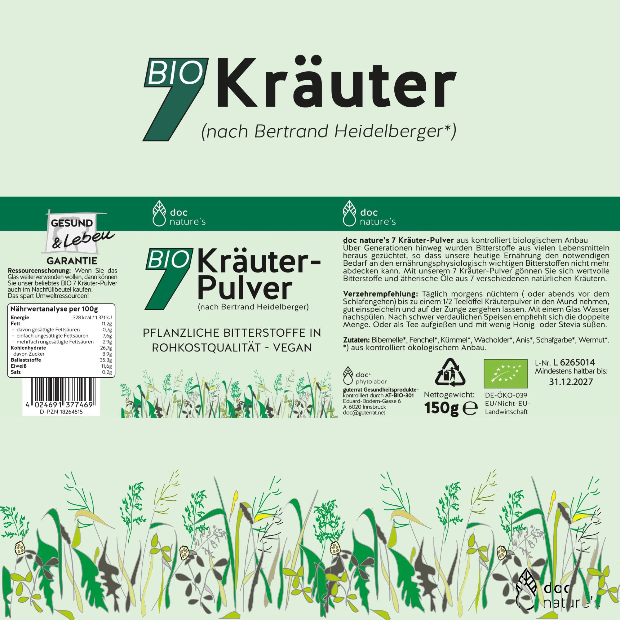 doc nature's Bio-7-Kräuterpulver 3 x 150g | nach Bertrand Heidelberger | Pflanzliche Bitterstoffe in Rohkostqualität | vegan | Gesund & Leben Qualität