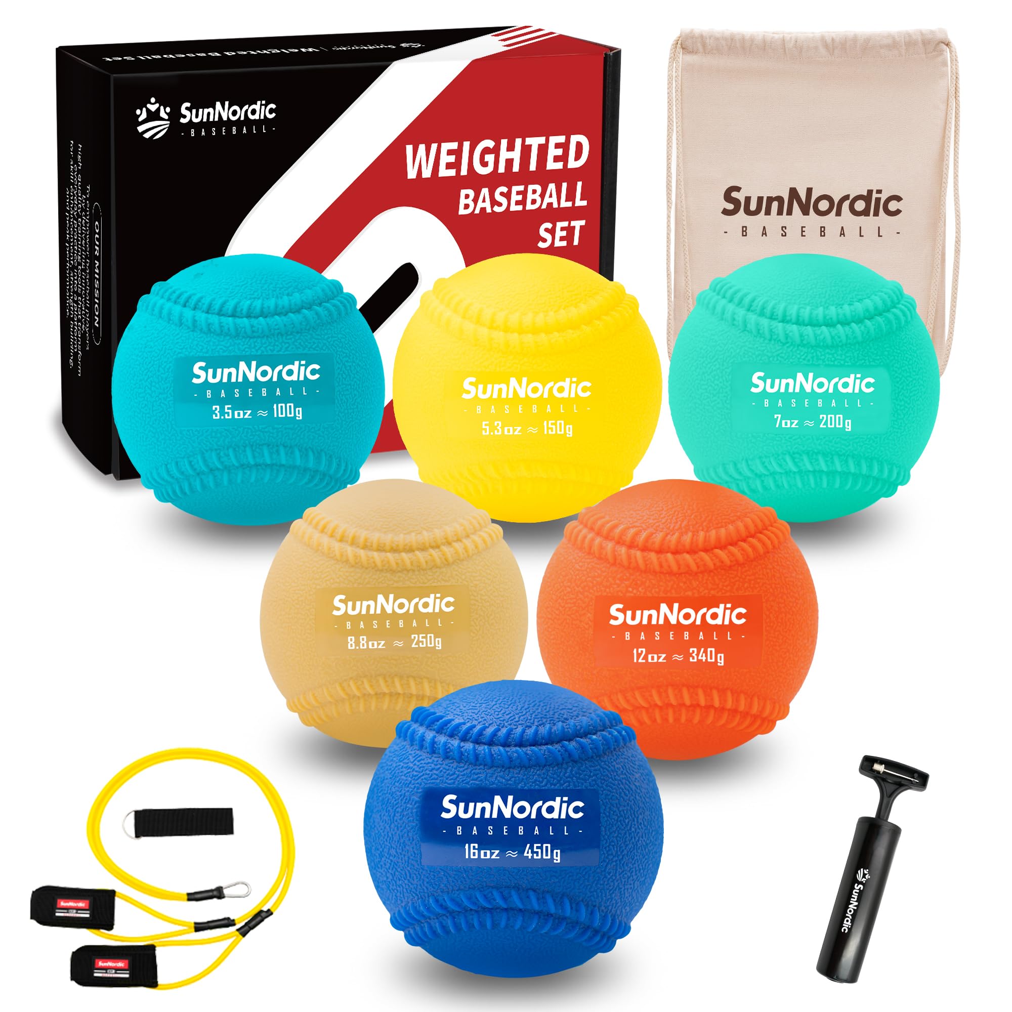 SunNordic Juego de béisbol pliométrico con peso de costuras 6/9 (3.5-16/35/53/70 onzas) – Pelotas de béisbol pliométricas de peso variable para mejorar la potencia y el entrenamiento de lanzamiento,