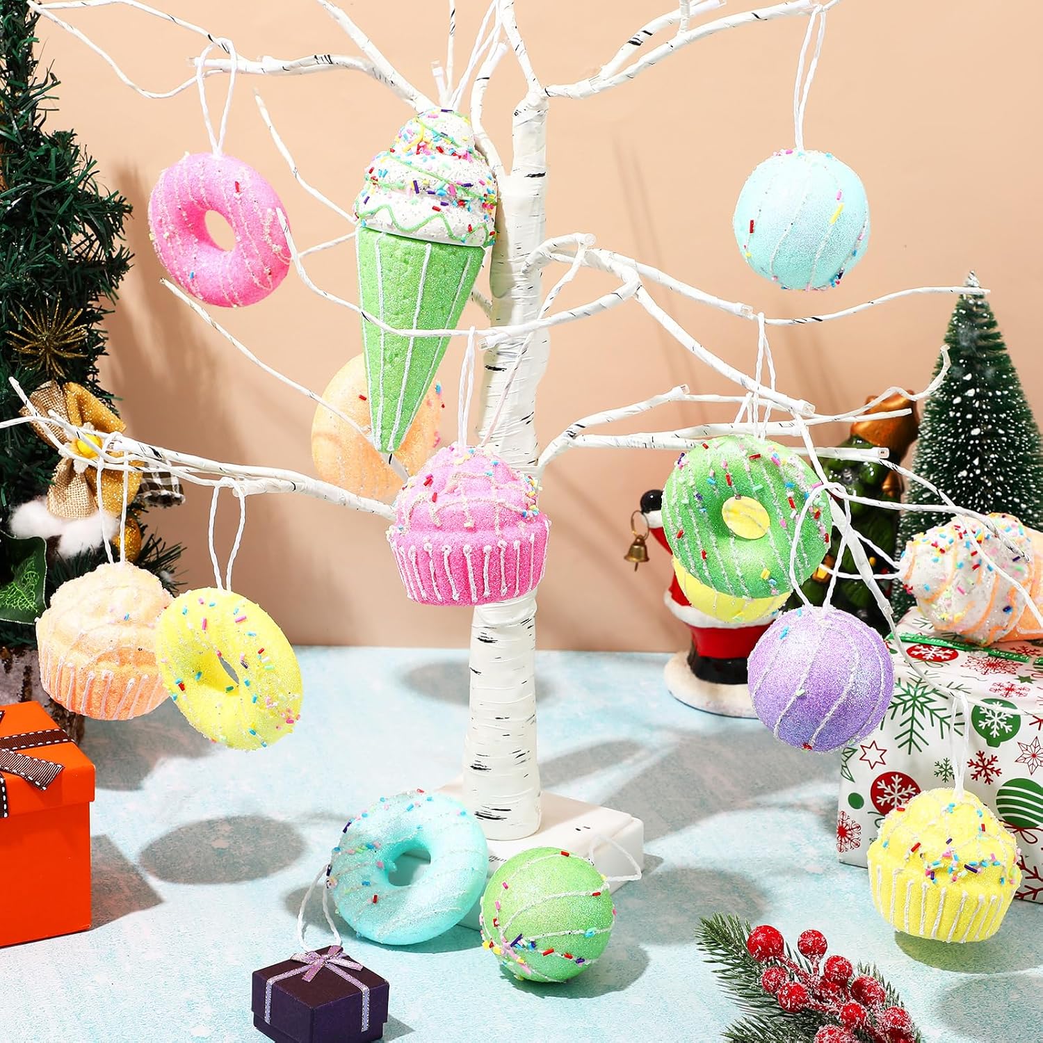 Gejoy 24 Pcs Pastel Dessert Theme Christmas Tree Ornament Sets Pastel Hanging Donut Ice Cream Cupcake Ball Candy Pendants for Xmas Holiday New Year Birthday Baby Shower Party Supplies