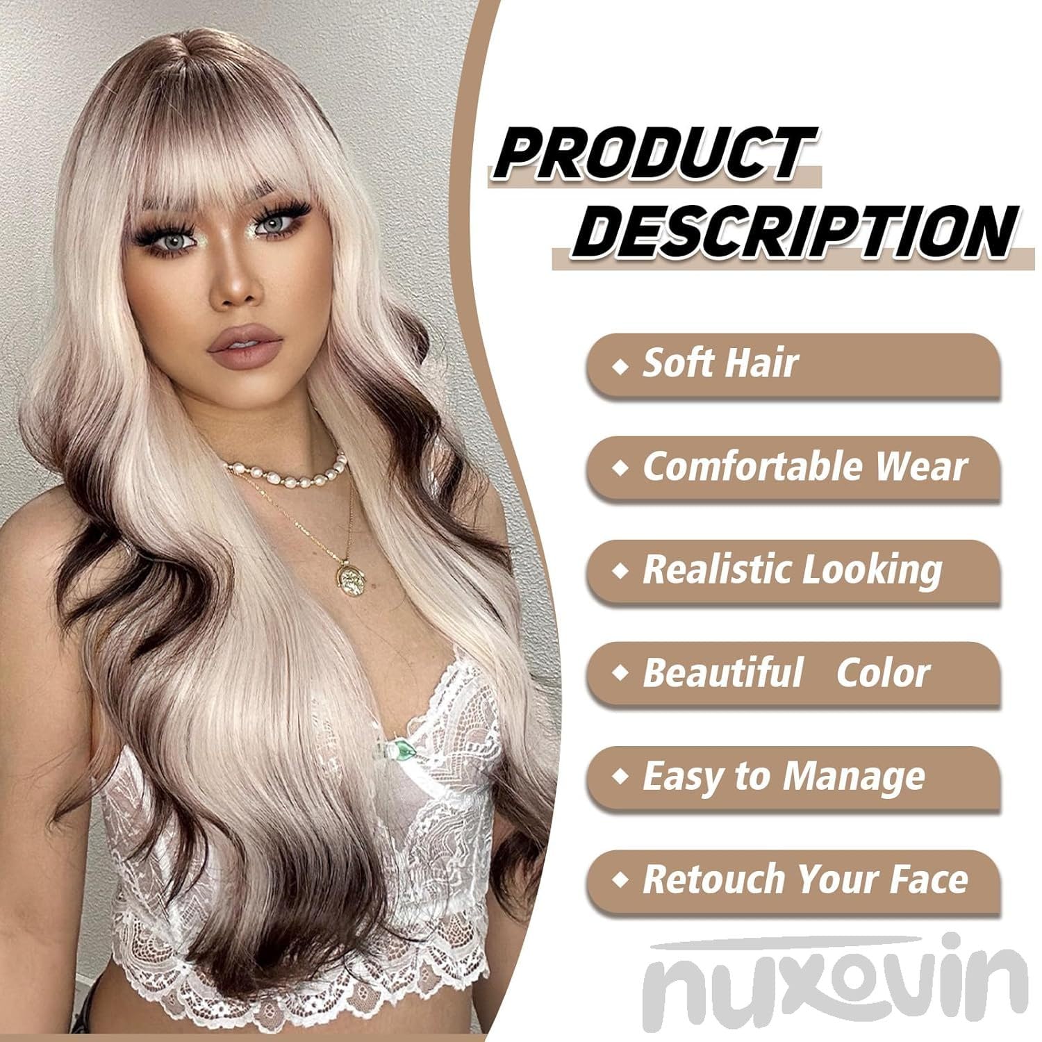 Human hair platinum blonde curly wavy wig with bang ORSUNCER Ombre White Long Wavy Wig with Bangs | 26 Platinum  main image 2
