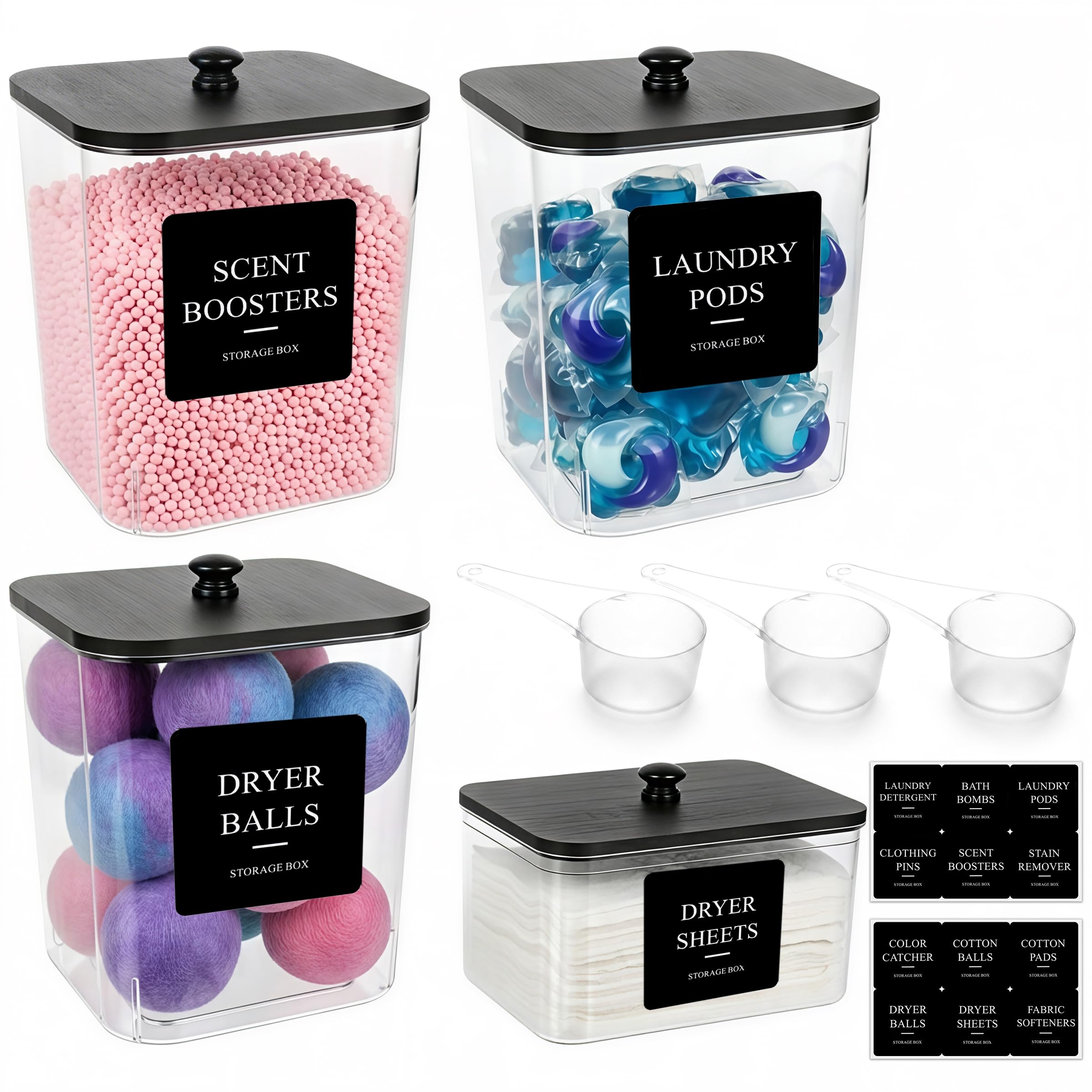 4 Pack Laundry Pods Container, Clear Laundry Storage Jars with Wooden Lids