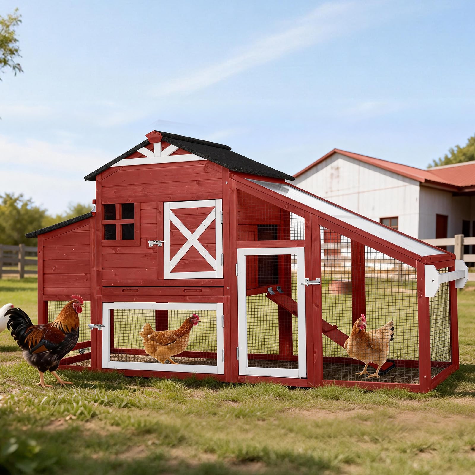 Mobile Chicken Coop with Run, Large Wooden Hen House Poultry Cage with Wheels, Nesting Box, Pull-Out Tray, Waterproof Roof, Red, 73.4" L x 27.9" W x 43.2" H, for 3-5 Chickens