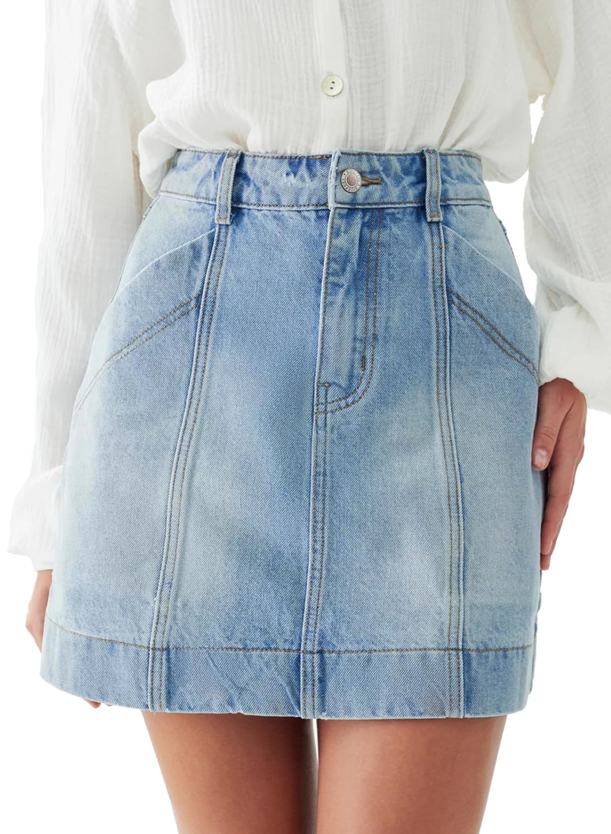 Sidefeel Womens Jean Skirt High Waisted Stretch Casual Trendy Front Seam Mini Denim Skirt with Pockets