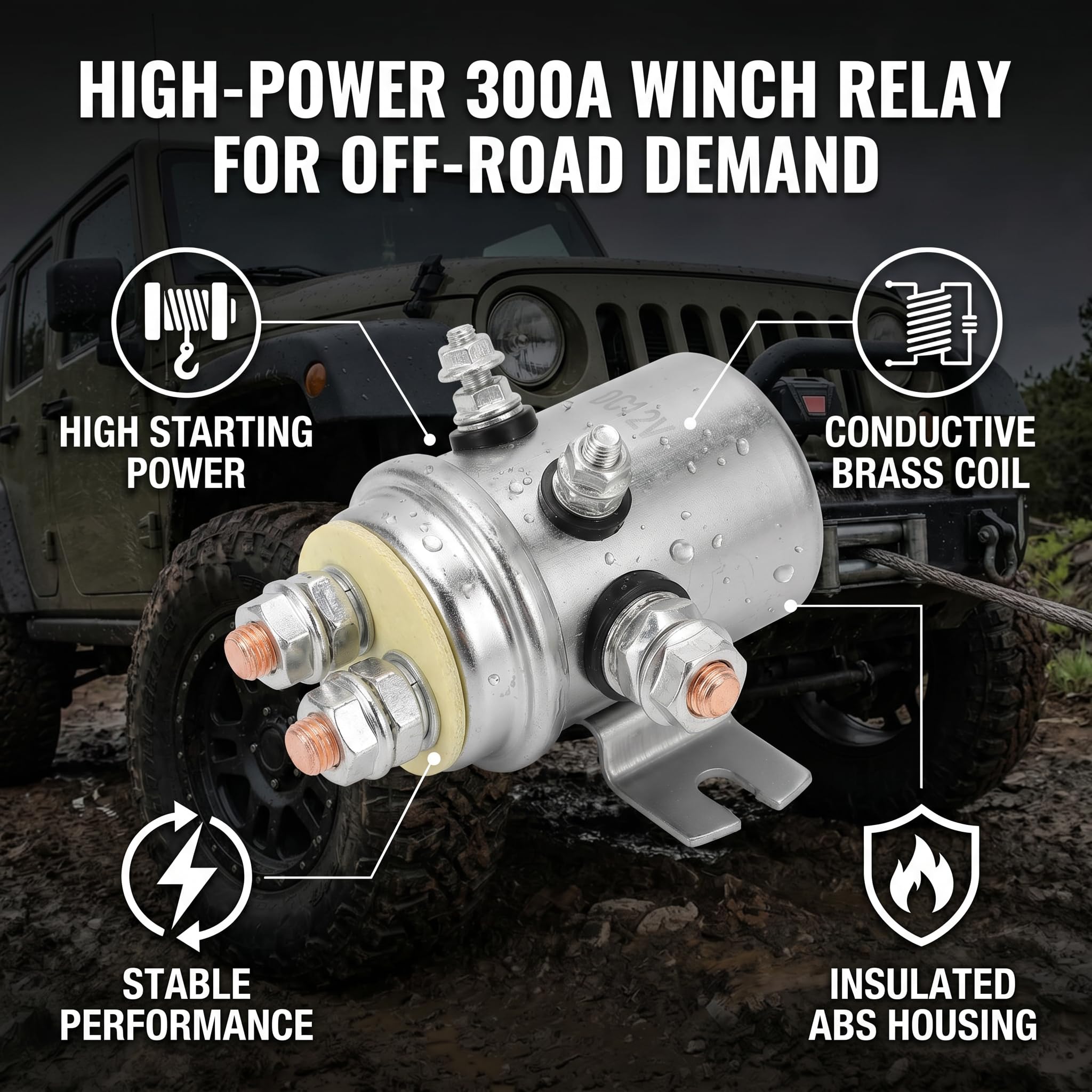 Relè per Verricello Elettrico con Solenoide, 300A, Impermeabile, 12V DC, Accessorio per ATV Fuoristrada