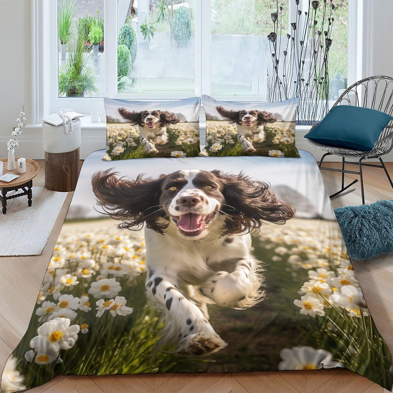 cenmoo Springer Spaniel 3D Duvet Cover for Children's And Adults Printed Cute Dog Quilt Stitch Bedding Set with Pillow Cases Double（200x200cm）