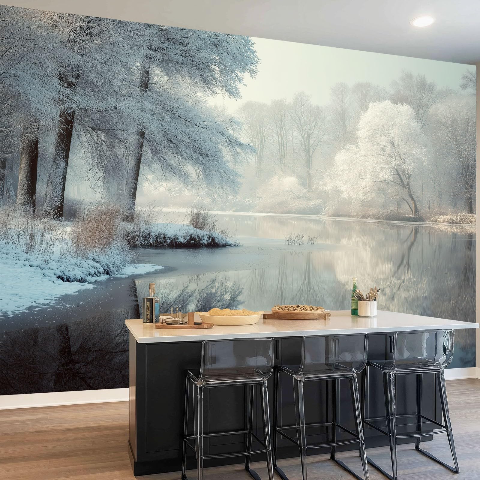 Fototapeta 300 x 210 cm ściany dekoracja salonu wzór natura do sypialni salonu tapeta z włókniny, biały las i mglisty lodowe jezioro