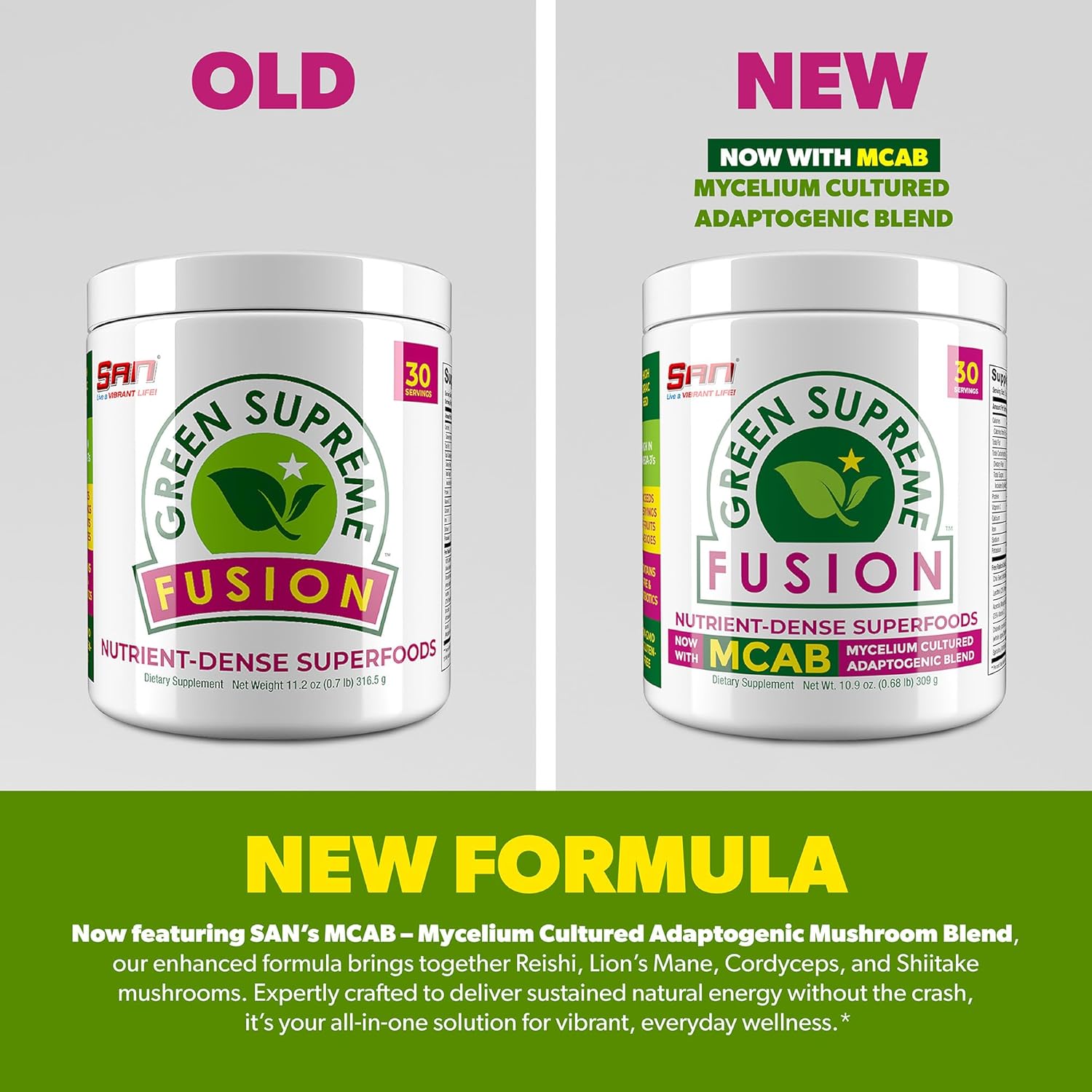 SAN Nutrition’s Green Supreme Fusion Blend Antioxidant: Super Greens Smoothie Mix with Spirulina, Chlorella, Adaptogenic Mushrooms, 30 Servings
