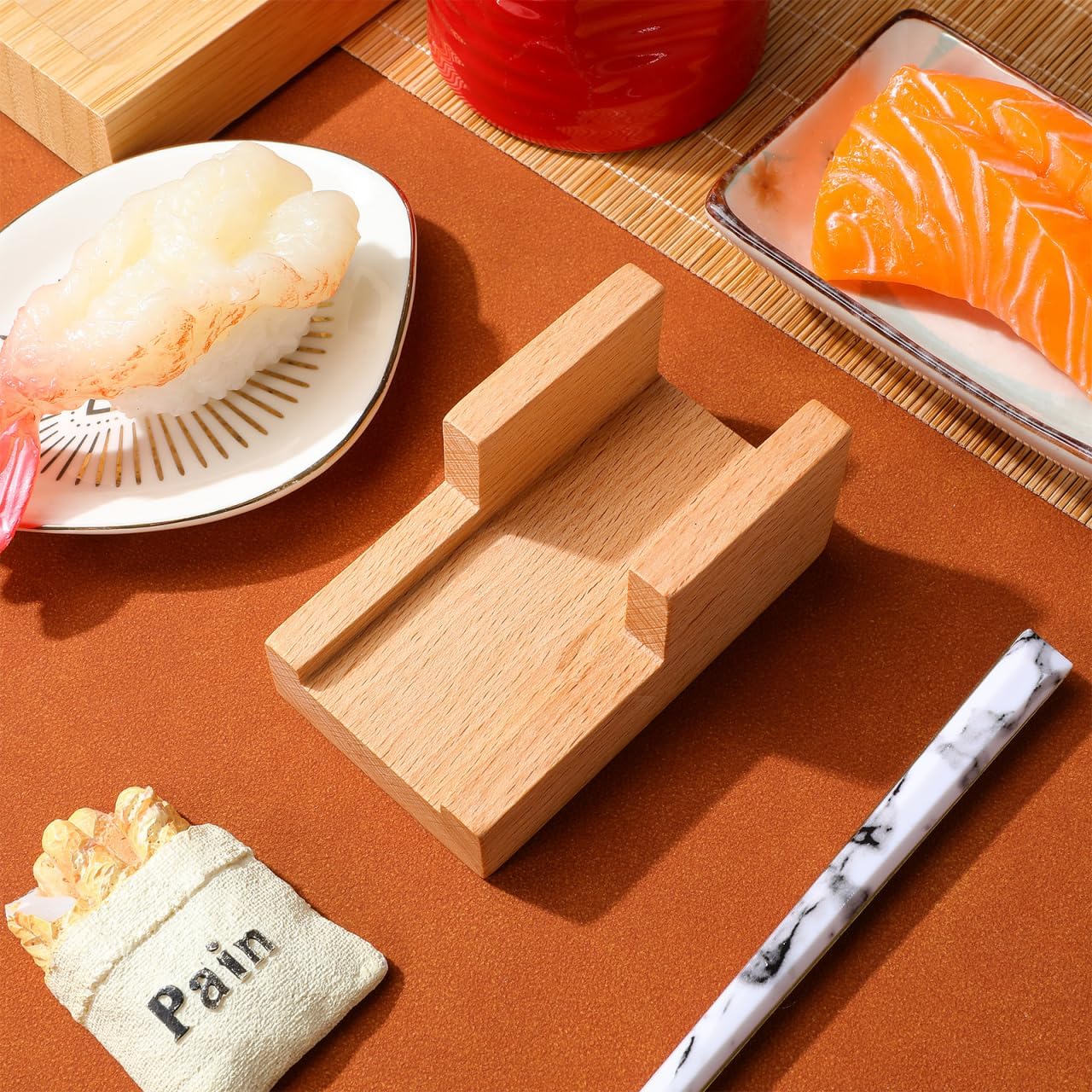 VOSAREA Wooden Sushi Rack Japanese Style Sushi Roll Holder Single Slot Hand Roll Stand Sashimi Serving Tray for Home Restaurants Family Dinners Parties