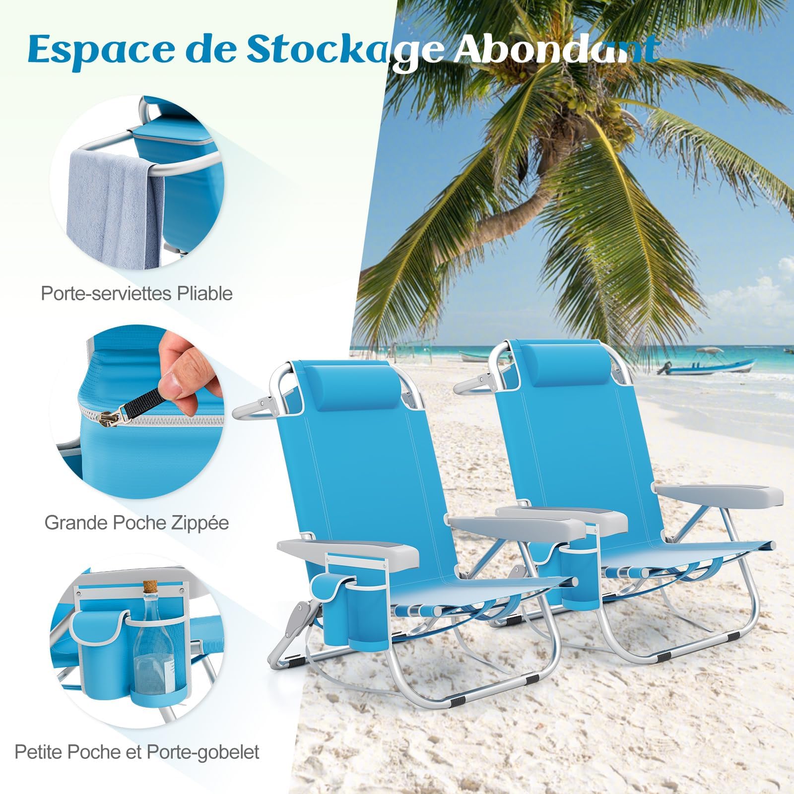 GOPLUS Chaise Plage Pliant pour Adulte, Camping Légère Portable en Alu., Dossier Réglable 5 Positions, Sangles Épaule,Sac Rangement, Porte-Serviettes,à Plat,Max.150KG (2, Bleu, 66 x 65 x 78 cm)