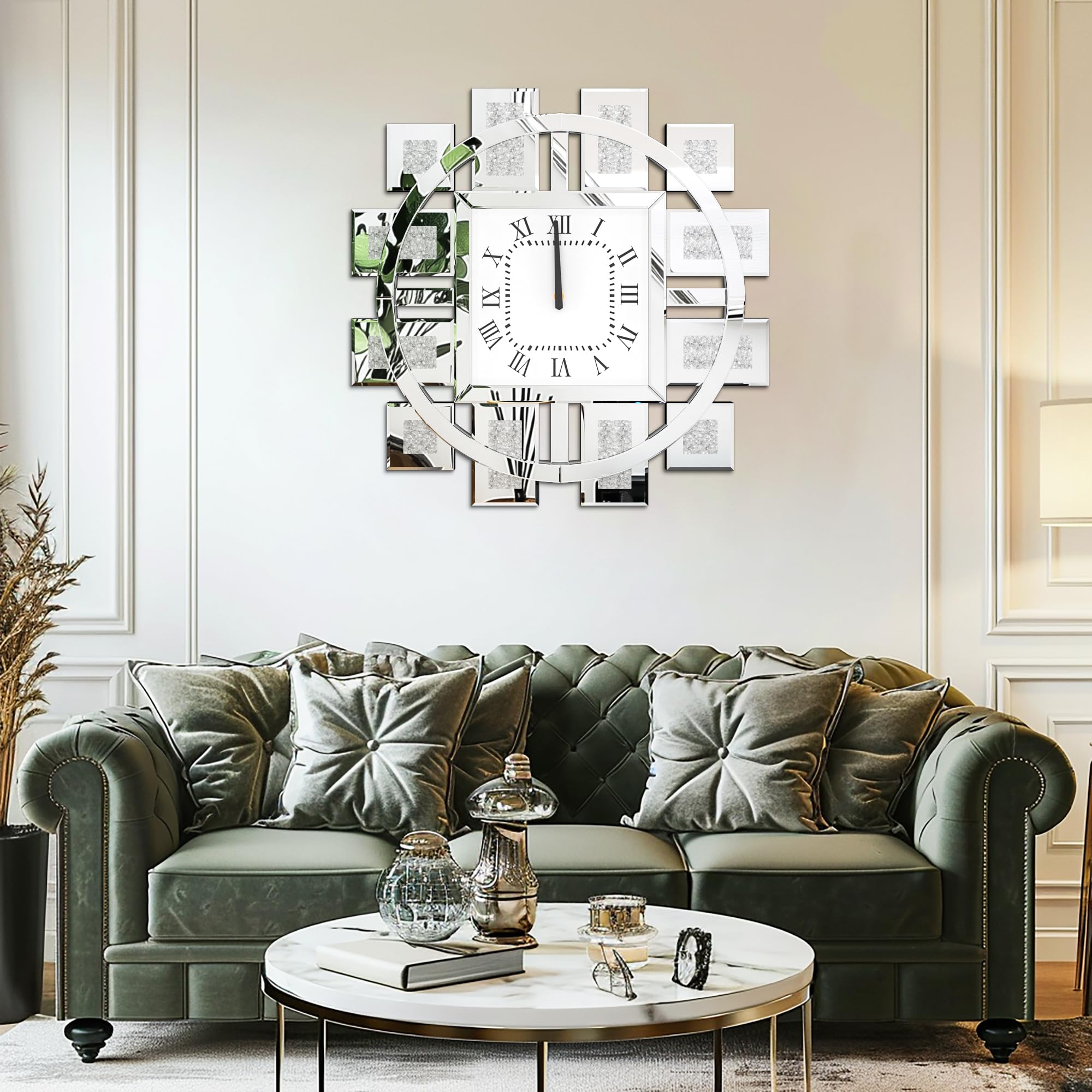 Kristall Wanduhr Groß Modern: Deko Uhren 60×60, Luxus Wohnzimmer Wanduhren Silber Tickenfreies Design Römische Ziffern für Wohnzimmer, Schlafzimmer, Küchen