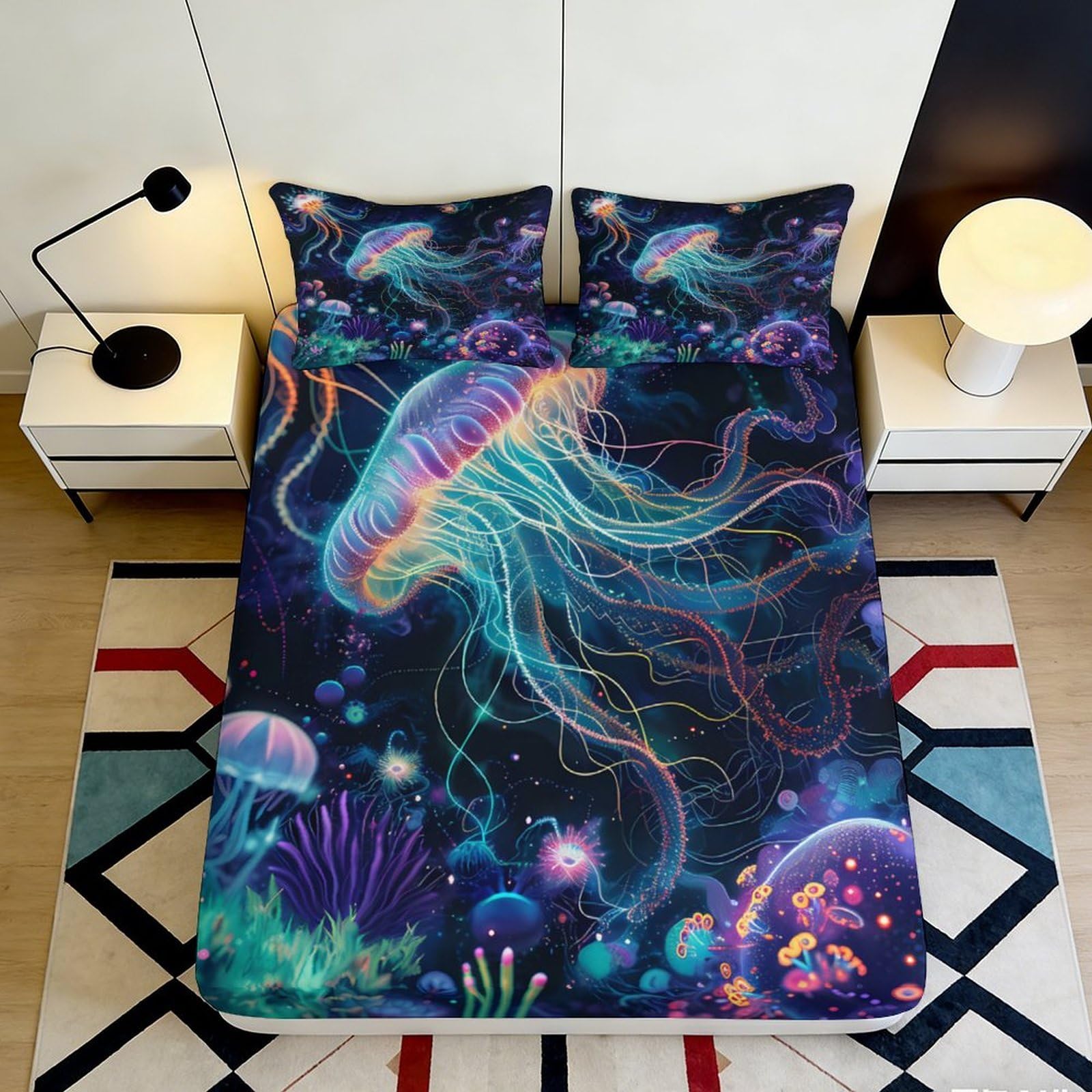 3D Printed Neon Jellyfish Fitted Sheet Microfiber Soft Mattress Cover Ocean Glow for Bedroom Dorm Décor 90x200x25cm