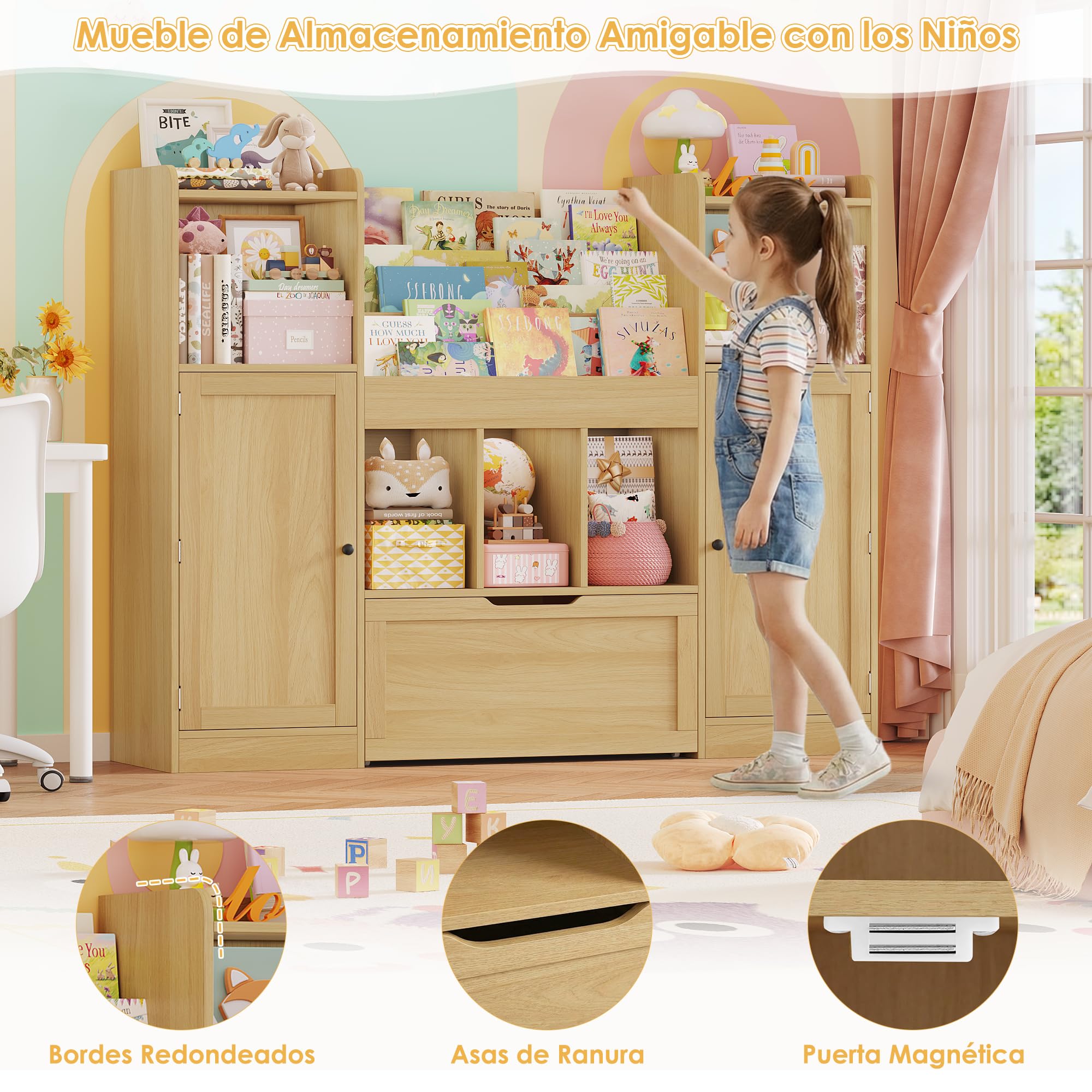 FOREHILL Organizador Juguetes, Mueble Almacenaje Juguetes, 1 Cajón, Roble | 5 Estantes para Puerta, 5 Compartimentos, 1 Estantería, 1 Cajón para Habitaciones de Juegos, 140.3x30x108.3cm