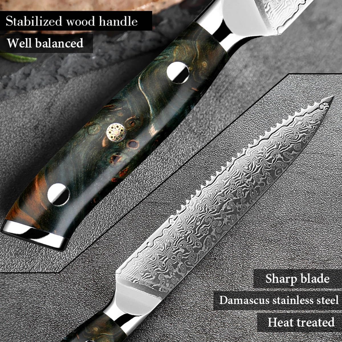 Damascus Steak Knives Set of 8,Damascus VG-10 Stainless Steel Steak Knife Set, Chef's Meat Cutting Knife Set,Razor Sharp Serrated Stainless Steel & Resin Handle