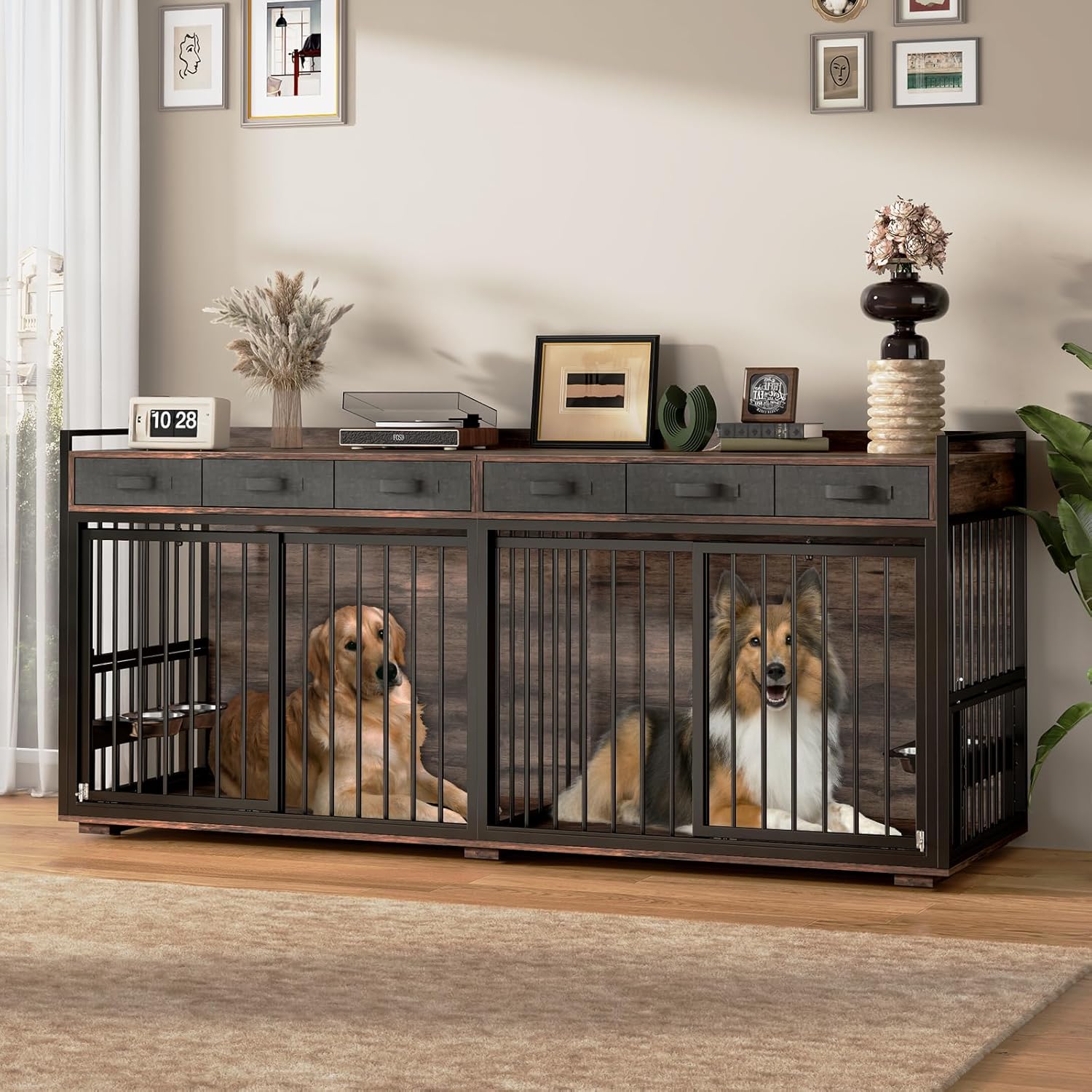 86.6" Large Dog Crate Furniture,Chew-Proof Metal Frame Wooden Double Dog Kennel TV Stand Table with Rotatable Dog Feeder Bowls and Drawers for 2 Dogs Indoor,Rustic Brown